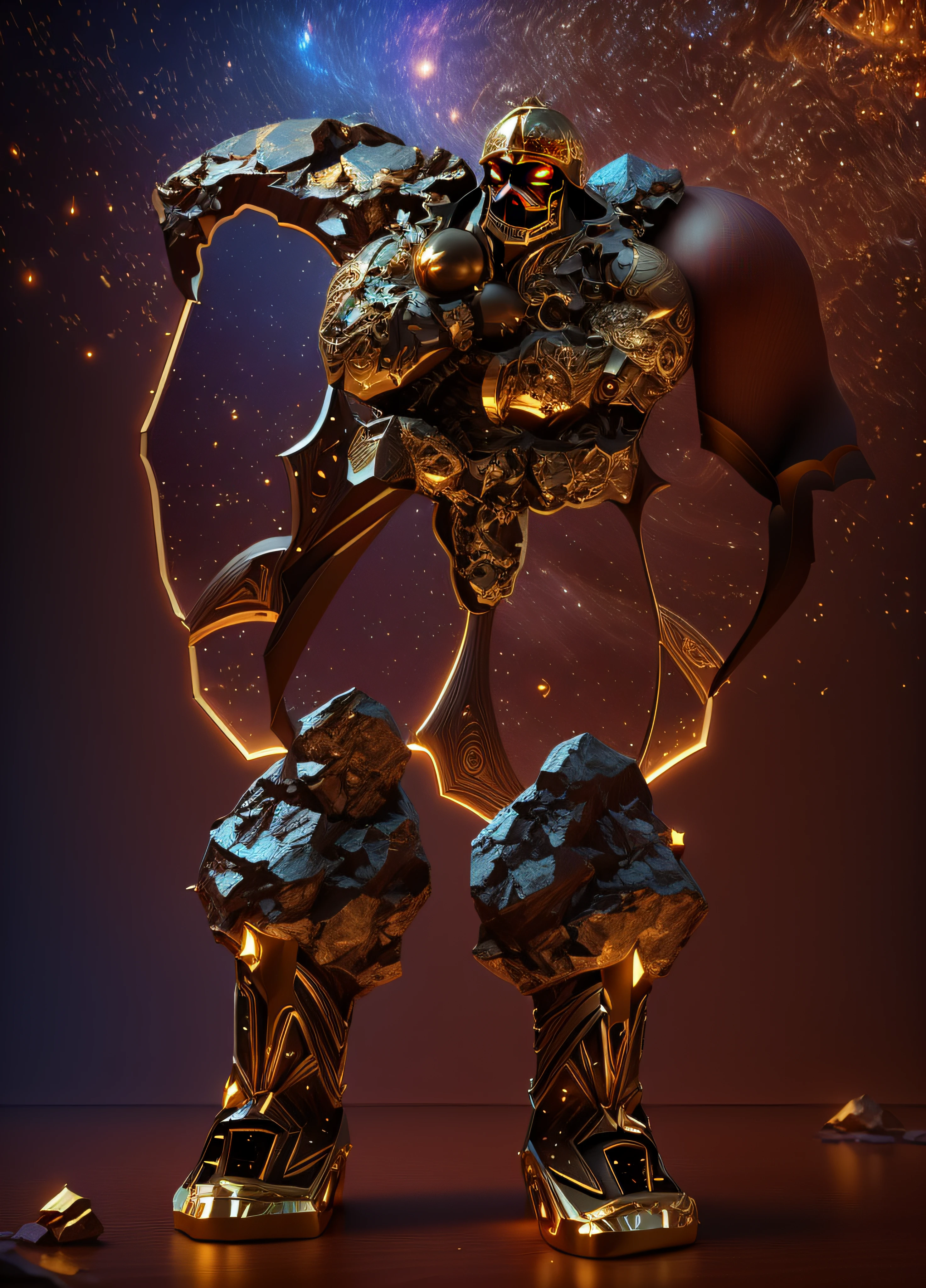 The sinister representation of a stone giant with legs and arms made from the look of a beautiful galaxy, alaranjado luminoso e bege com dourado, pele feita de neon amarelo, 3D-rendering, Hyper-realistic graphics, 3D-rendering, 8k, NVIDIA, RTX 4090 | | | | | | | | | | | | | | | | | | |, ray tracing, Bokeh, Scenery of an interiror of a cave illuminated by lunar rays