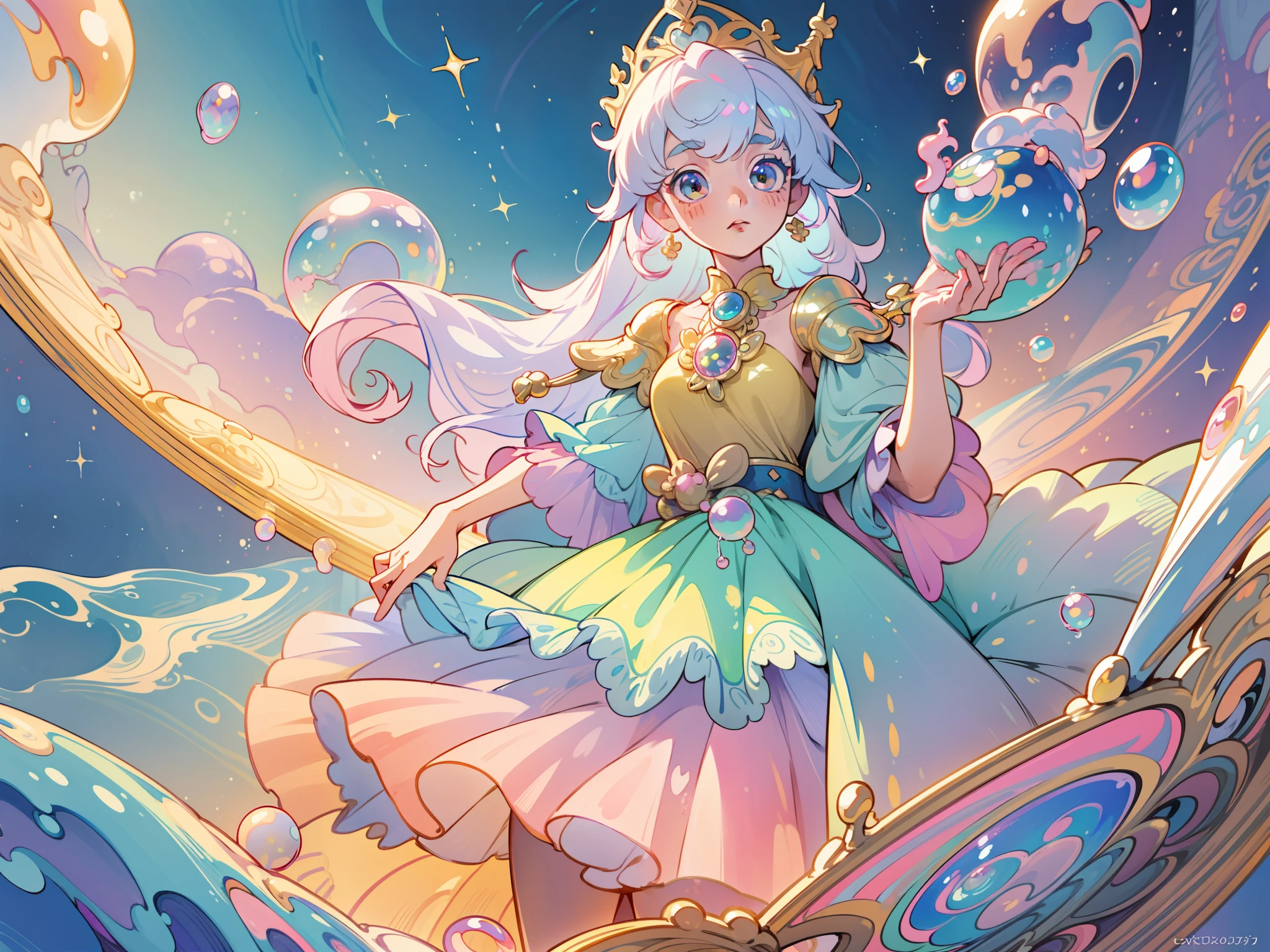 masterpiece, best quality, 8k resolution, sharp focus, intricate detail, beautiful girl, sparkling eyes, golden ratio face, otherworldly liquid, watercolor, ((pastel colors)), bright colors, whimsical, colorful, sharp focus, high resolution, fine detail, princess fantasy ballgown, ((round eyes)), iridescent bubbles, castle landscape in background