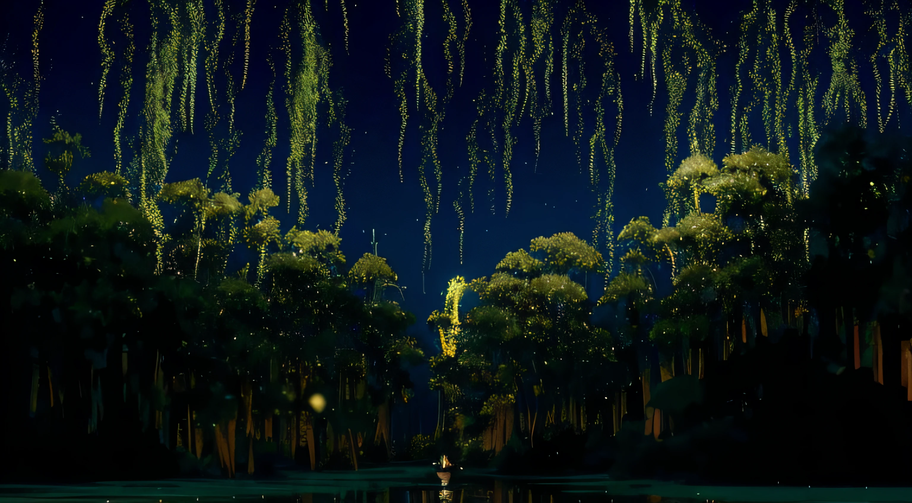 there is a man standing in a boat in the water, fireflies and sparkling wisps, among wonderful golden fireflies, golden hour firefly wisps, bioluminiscent fireflies, fireflies!!, swarm of fireflies, fireflies!!!!, golden fireflies lights, fireflies in the air, fireflies, lothlorien at night, background, movie aniamtion
