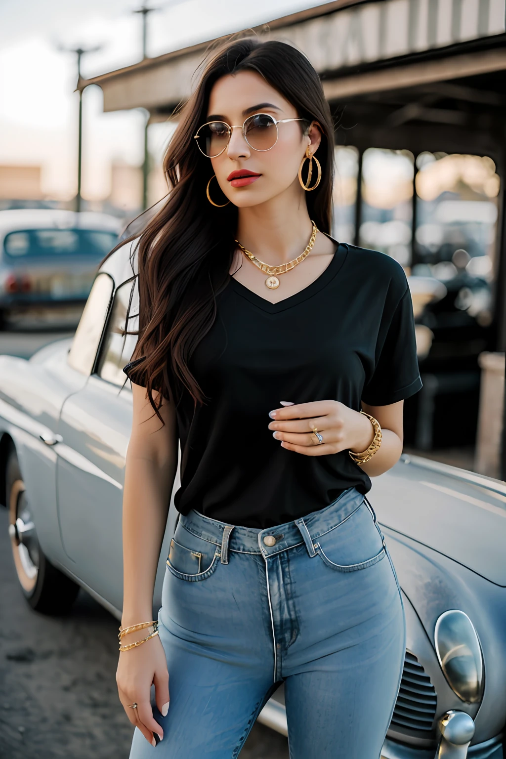 (RAW photo, realism: 1.8), (dark lip gloss, dull lipstick, many eyelashes, black eye shadow, shy, blushing, high quality, high resolution, depth of field, chromatic aberration, caustic, wide light, natural colors, 30 year old woman), in vintage dark sunglasses, thin gold chain, small earrings, gold bracelets, wear many accessories, large breasts, style a seriousness,
((Best Quality, 8k, Masterpiece:1.3)), Focus: 1.2, Perfect Body Beauty: 1.4, Arabian 30 years old woman: 1.2, (long weavy black hairs)), (Black baggy basic tee-shirt:1.1), Black Basic full body length tee-shirt,Blue damage style skinny jeans, long jeans: 1.1, Highly detailed face and skin texture, Detailed eyes, Double eyelids, toned body, Whitened skin, minor smile, large breasts, toned legs, beautiful feets, long heel's, standing at old gas station, detailed feets and fingers, perfect feet's, toned legs, whitened skin, detailed sharp eyes and face, middle eastern woman, full length baggy basic tee-shirt, Black plain Baggy Tee-shirt, toned hips, 8K UHD, thin gold chain in neck, model looks, wearing wrist watch, bracelet, bangle's open legs style Posing, daylight, dusty and sunny, standing at ruined city, dusty atmosphere, full body shot, heel's, sunlight raises on background, standing near old gas station with old vintage car ((Aston Martin DB5 1964)), eyes cover with dark sunglasses