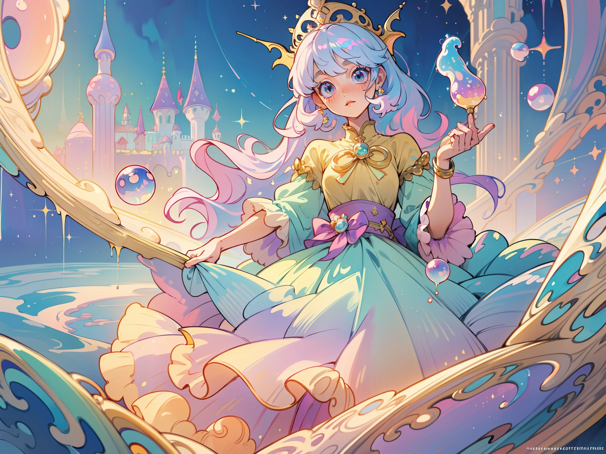 masterpiece, best quality, 8k resolution, sharp focus, intricate detail, beautiful girl, sparkling eyes, golden ratio face, otherworldly liquid, watercolor, ((pastel colors)), bright colors, whimsical, colorful, sharp focus, high resolution, fine detail, princess fantasy ballgown, ((round eyes)), iridescent bubbles, castle landscape in background