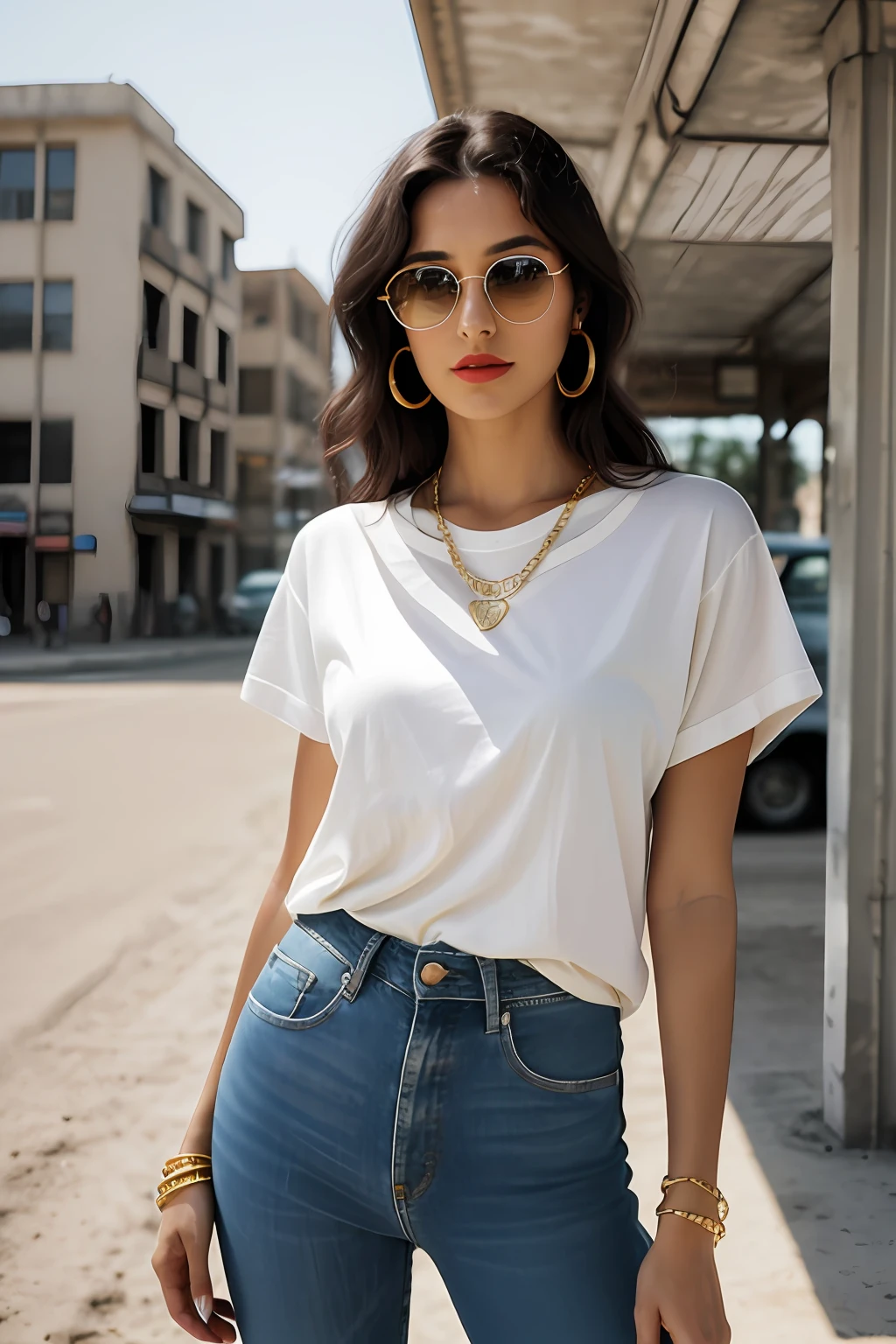 (RAW photo, realism: 1.8), (dark lip gloss, dull lipstick, many eyelashes, black eye shadow, shy, blushing, high quality, high resolution, depth of field, chromatic aberration, caustic, wide light, natural colors, 30 year old woman), in vintage dark sunglasses, thin gold chain, small earrings, gold bracelets, wear many accessories, large breasts, style a seriousness,
((Best Quality, 8k, Masterpiece:1.3)), Focus: 1.2, Perfect Body Beauty: 1.4, Arabian 30 years old woman: 1.2, (long weavy black hairs)), (Black baggy basic tee-shirt:1.1), Black Basic full body length tee-shirt,Blue damage style skinny jeans, long jeans: 1.1, Highly detailed face and skin texture, Detailed eyes, Double eyelids, toned body, Whitened skin, minor smile, large breasts, toned legs, beautiful feets, long heel's, standing at old gas station, detailed feets and fingers, perfect feet's, toned legs, whitened skin, detailed sharp eyes and face, middle eastern woman, full length baggy basic tee-shirt, Black plain Baggy Tee-shirt, toned hips, 8K UHD, thin gold chain in neck, model looks, wearing wrist watch, bracelet, bangle's open legs style Posing, daylight, dusty and sunny, standing at ruined city, dusty atmosphere, full body shot, heel's, sunlight raises on background, standing near old gas station with old vintage car ((Aston Martin DB5 1964)), eyes cover with dark sunglasses