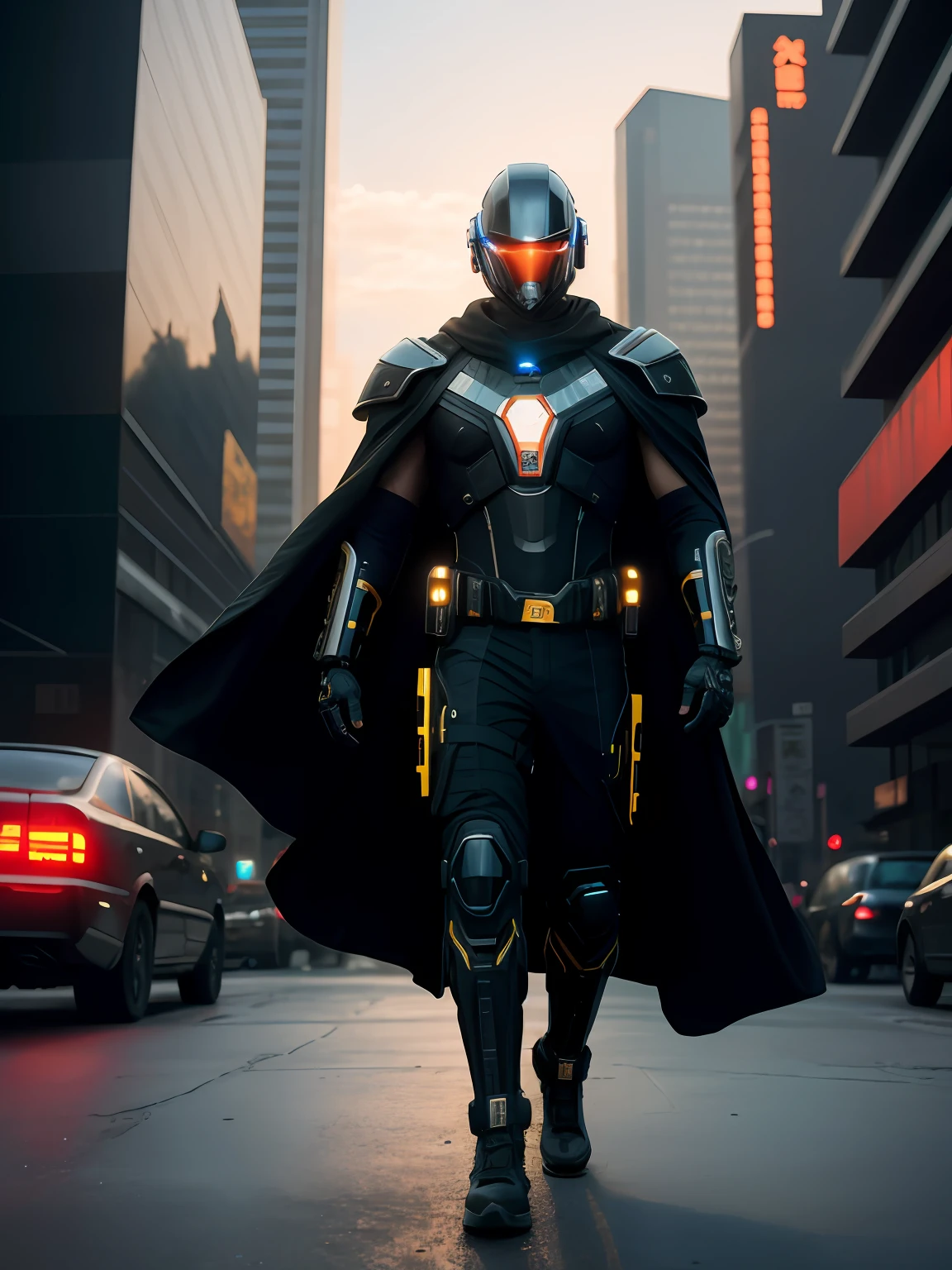 tmasterpiece,A cybernetic mercenary,Wear a custom wrist blaster,Wear a black tactical cape and futuristic helmet,Walk through the busy streets of the dusty metropolis,Holographic ads filled with cybernetic companies and gangs,the night,cyberpunk aesthetics,Action movies by Kon Satoshi,Very detailed lighting,dramatics,Realistic HD trending digital art in Artstation 8k HD, A detailed, skin textures, ultra - detailed, realistic skin textures, armure, best qualtiy, 超A high resolution, (realisticlying: 1.4), A high resolution, A detailed, RAW photogr, Sharp Re, Lee Jeffries Nikon D850 Film Stock Photography 4 Kodak Porter 400 Camera F1.6 shots, rich colors, ultra-realistic, realistic textures, dramatic lighting, Unreal Engine trends, art stations, movie stills 800,Image scale 1:1