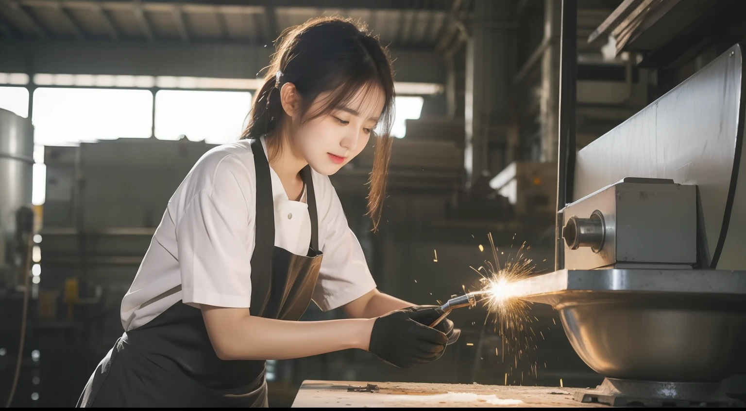 Beautiful girl worker Araffe uses grinding machine to cut metal in factory, painting by Arthur Sargsyan, pexels, process art, Industrial Photography, Safe Operation. Instagram photo, steel mill, manufacturing, illustartion, Thumbnail, At the factory, Hand welding torches, stunning image, profile pic, People at work, Industries, Plants, Workers, Sexy look, wet body, apron only