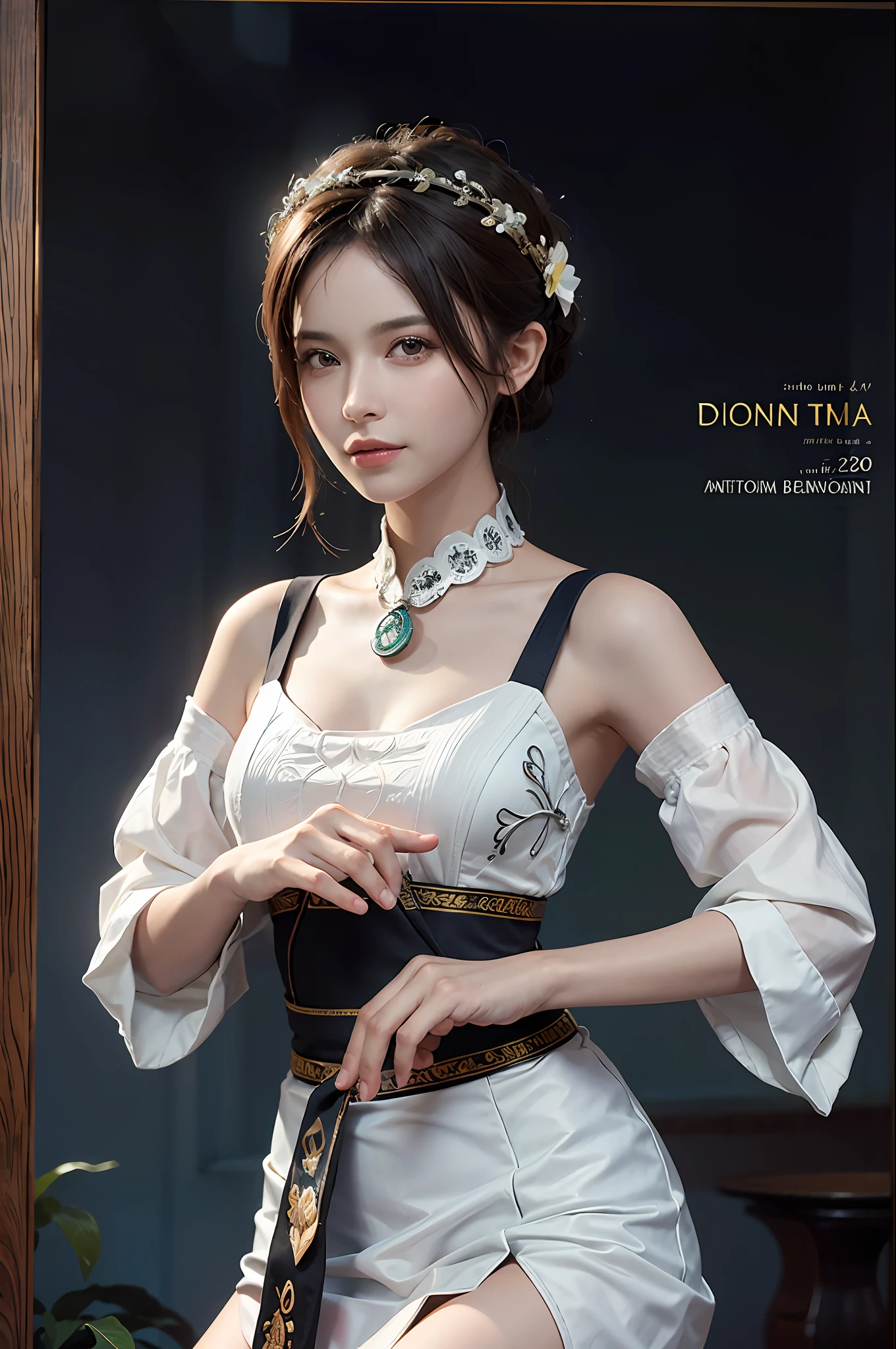 Retrato hiperrealista do feminino por david hockney e alphonse mucha, arte de fantasia, traje oriental, foto realista, dynamic lighting, artstation, poster, volumeric lighting, rostos muito detalhados, 4 k, premiado,, 1girl, no escuro, sombra profunda, look hopeful, discreto, tiro de cowboy, (roupa oficial: 1.4), cabelo longo, cabelo branco,