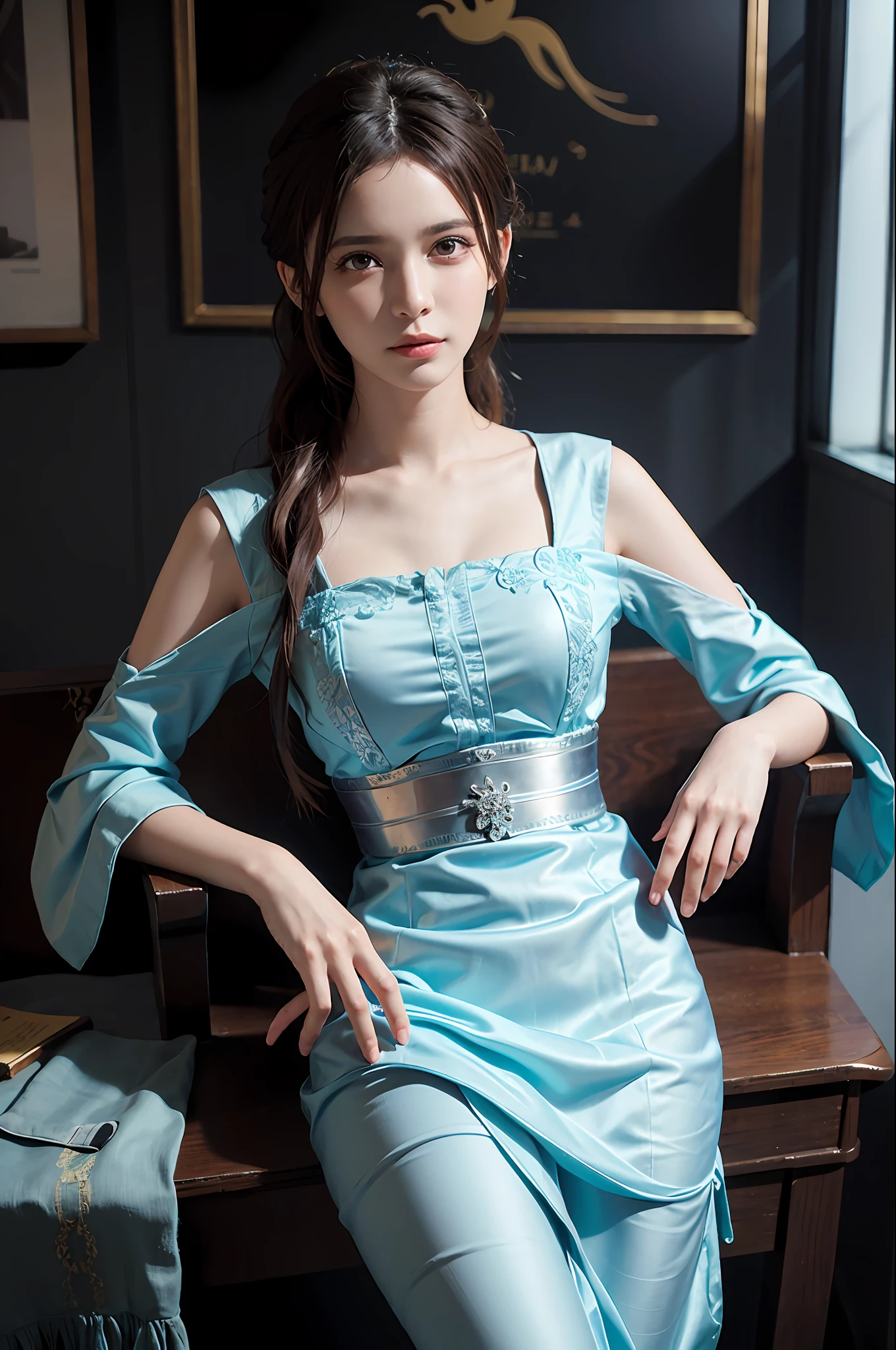 Retrato hiperrealista do feminino por david hockney e alphonse mucha, arte de fantasia, traje oriental, foto realista, dynamic lighting, artstation, poster, volumeric lighting, rostos muito detalhados, 4 k, premiado,, 1girl, no escuro, sombra profunda, look hopeful, discreto, tiro de cowboy, (roupa oficial: 1.4), cabelo longo, cabelo branco,