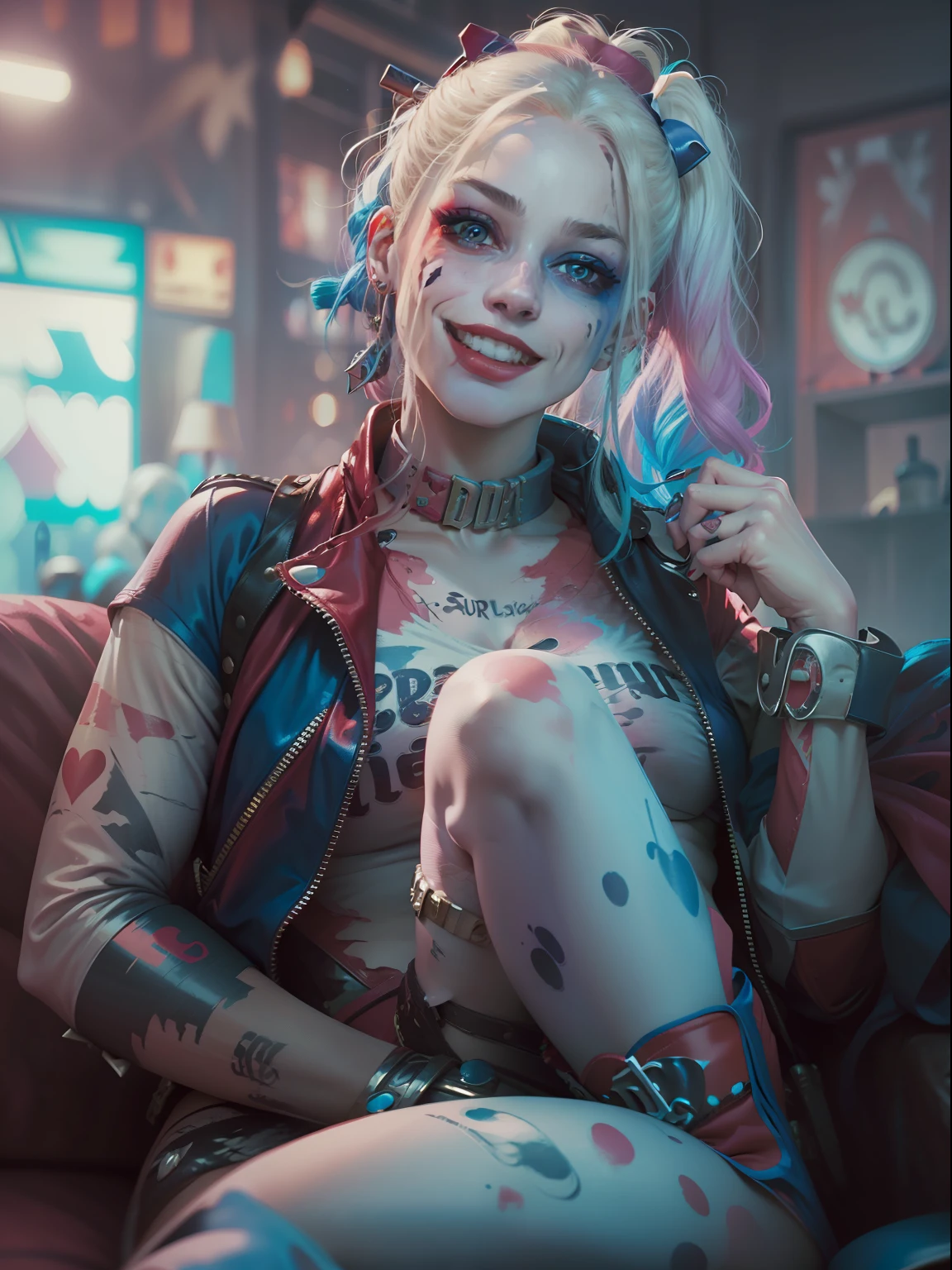 (surrealism), (2.5D), (A high resolution), (8K), (Ultra detail), (Detal Face), Solo, A woman, (Harley Quinn), Harley Quinn, Pink and blue ponytail, Gothic smoky makeup, tattoos on the arms, Heart-shaped decoration on the face, fleshy body, Spooky Grin, White navel bare, White boots, jocker, The woman's upper body, (full bodyesbian),legs are open,Sit on the sofa,(:1.2),harleyquinn(((，Looks like