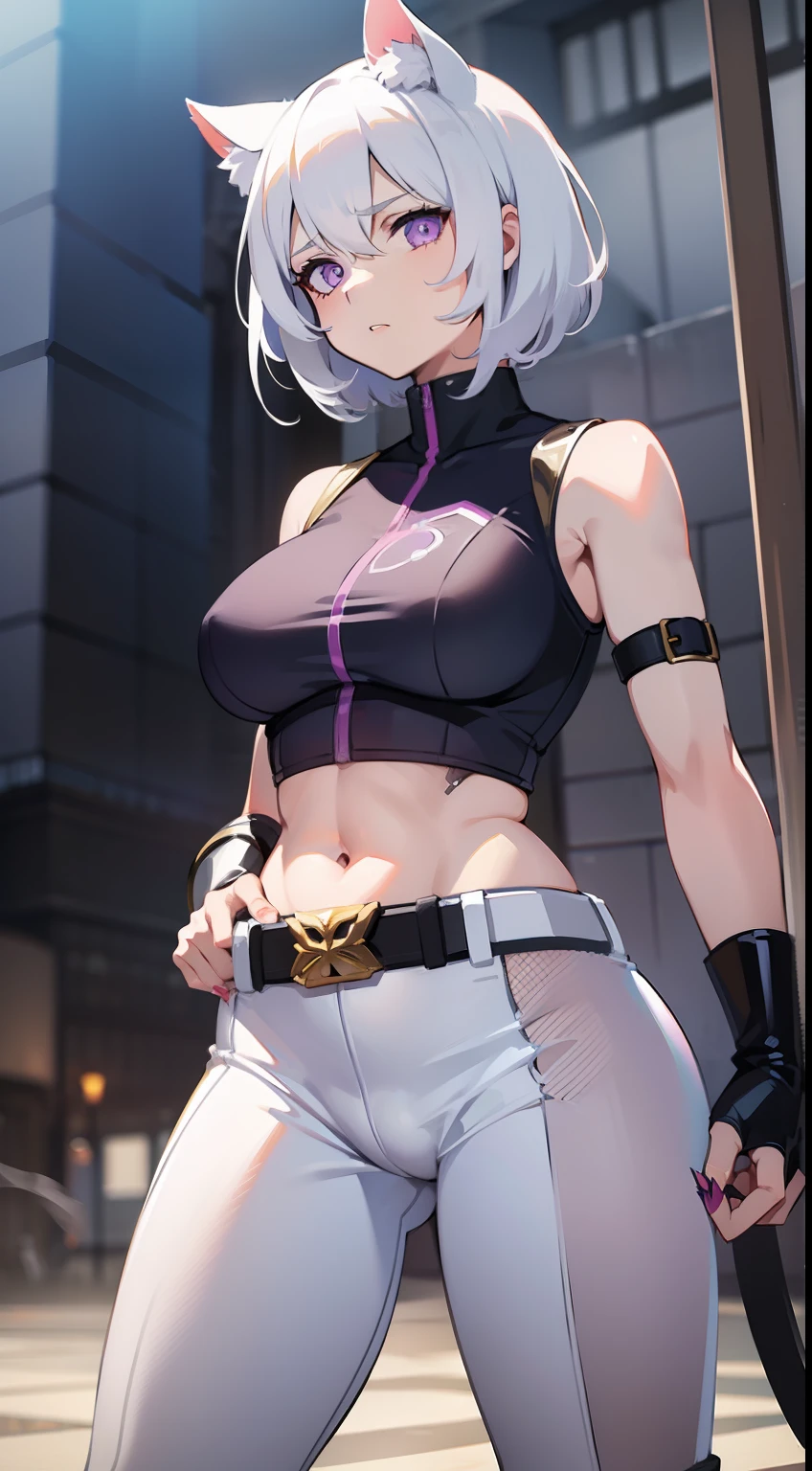 Adult woman, short white hair, cat ears, violet eyes, White superhero uniform, Sleeveless, open belly, t shirt, breeches, claws, anger, Masterpiece, hiquality