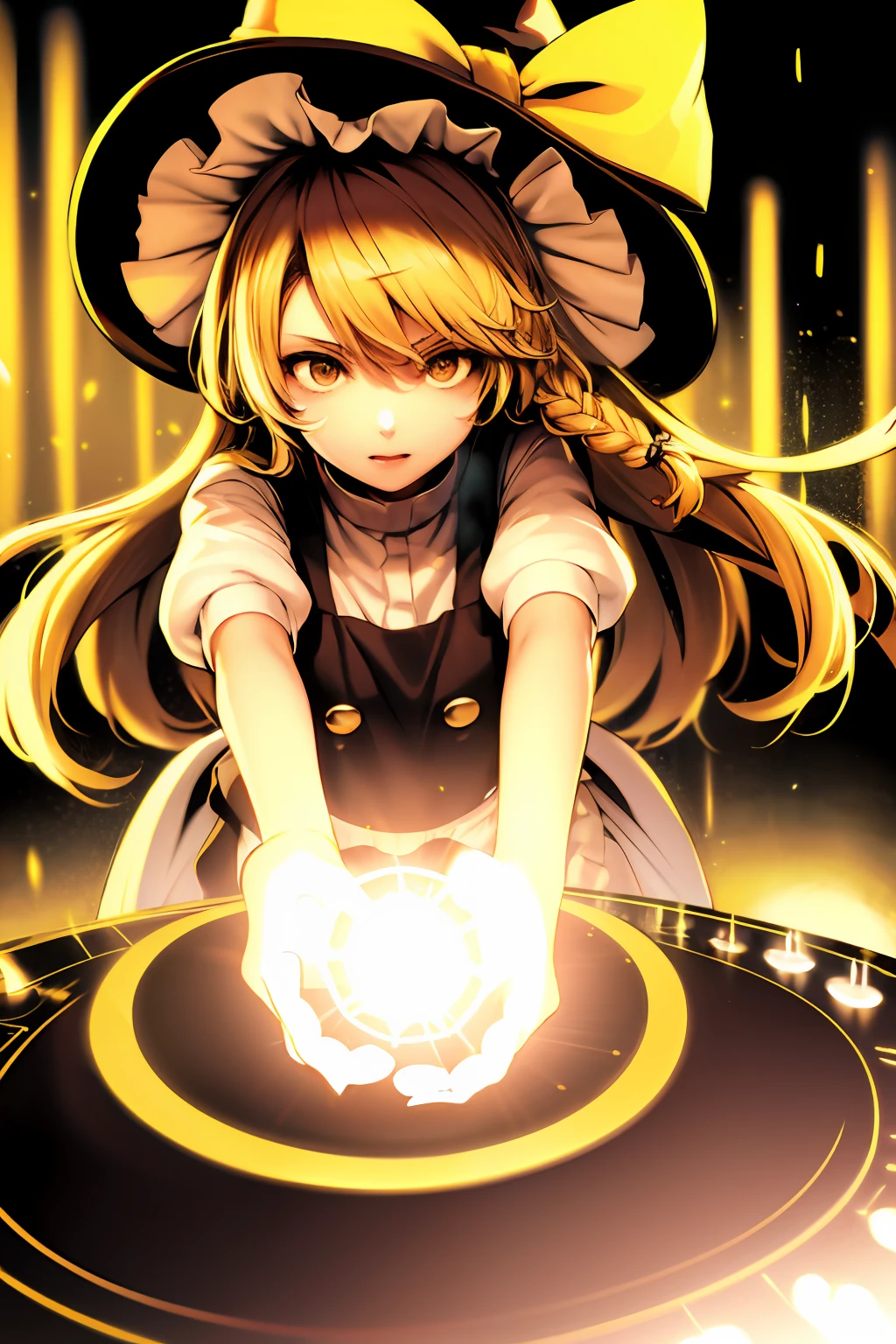 A solo shot featuring  1girl, blonde hair, witch hat, yellow eyes, long hair, vest,apron, bow, short sleeves, hat bow, braid, puffy sleeves, skirt  a DJ, showcasing her skills on the turntables at a vibrant rave.