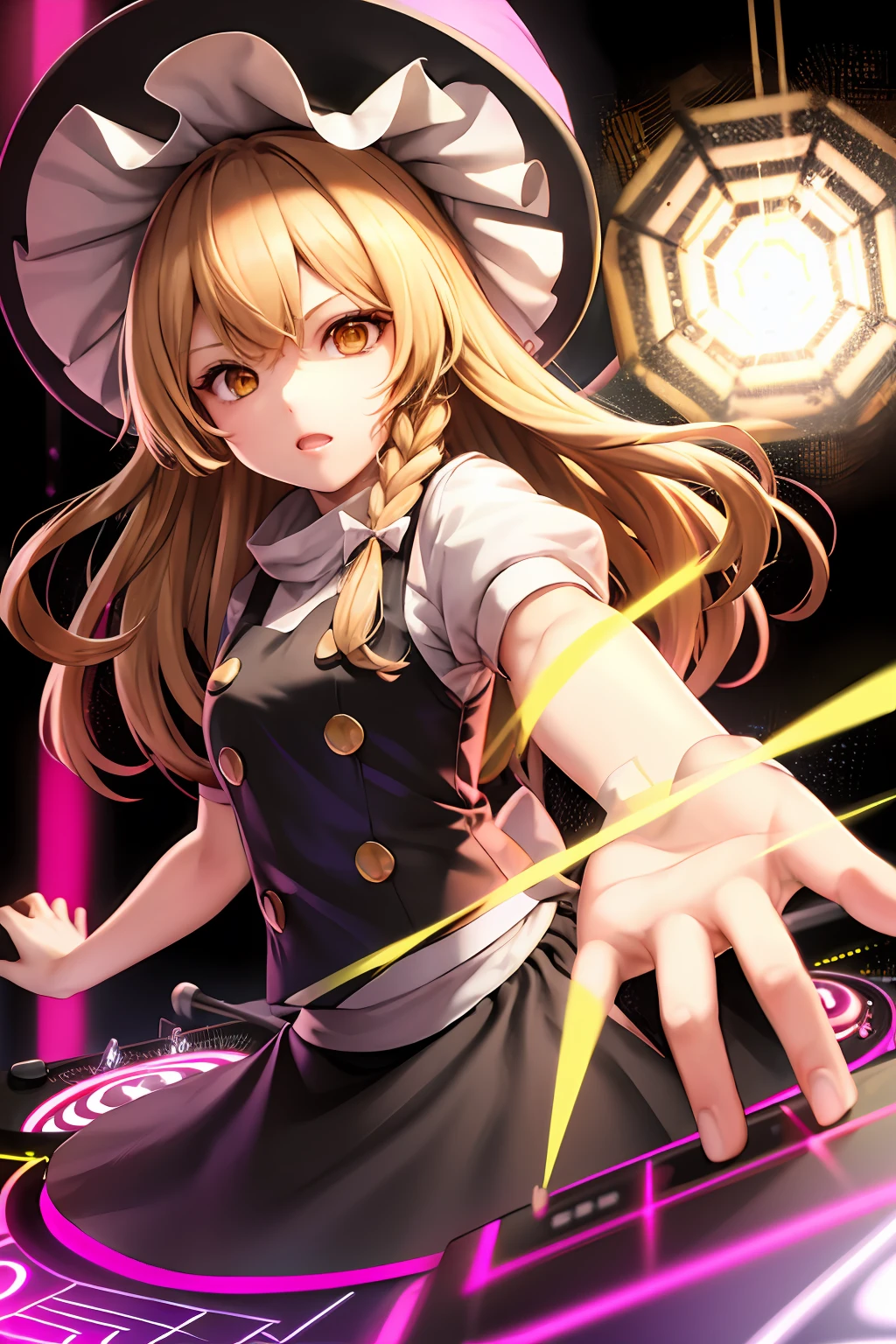 A solo shot featuring  1girl, blonde hair, witch hat, yellow eyes, long hair, vest,apron, bow, short sleeves, hat bow, braid, puffy sleeves, skirt  a DJ, showcasing her skills on the turntables at a vibrant rave.