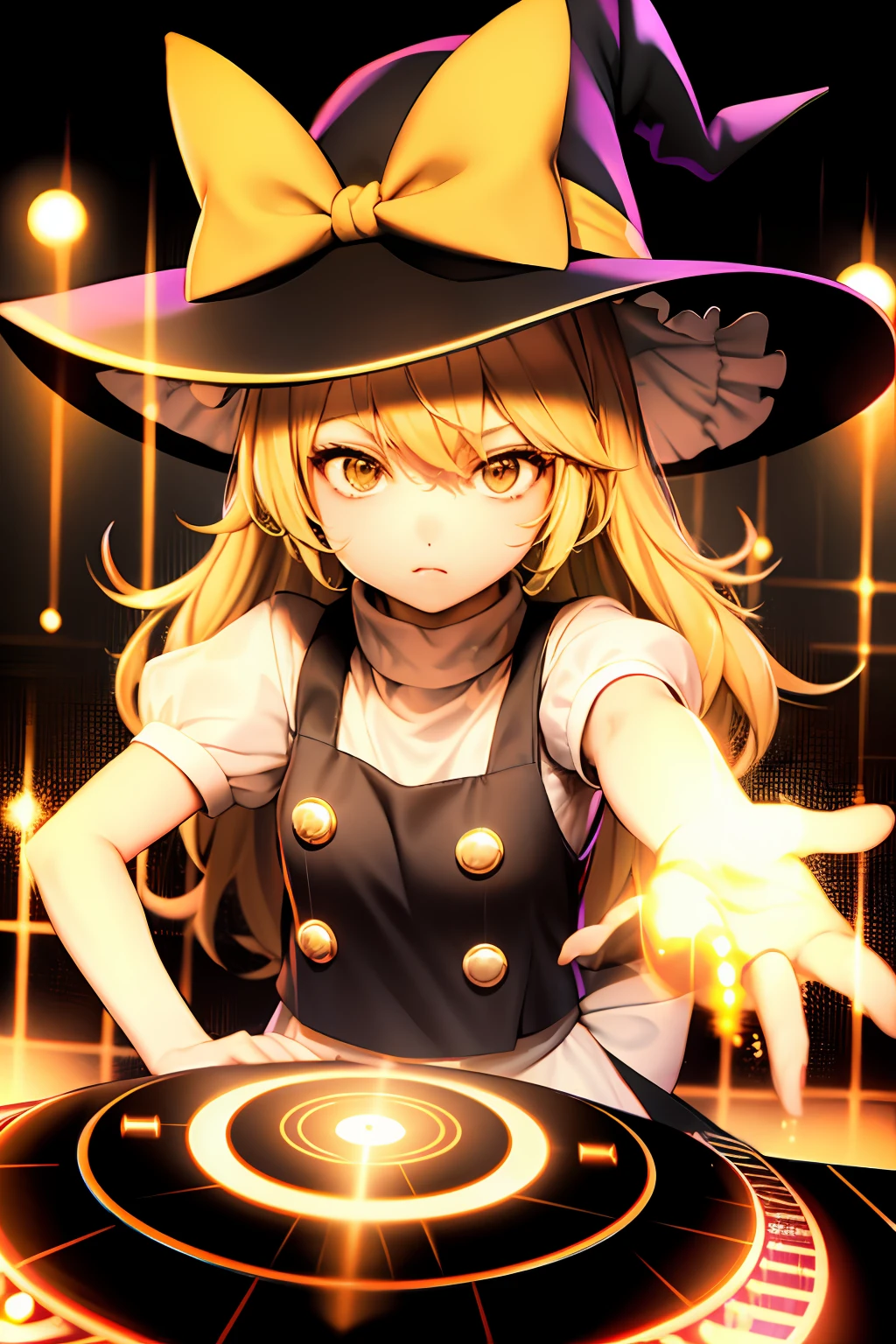 A solo shot featuring 1girl, blonde hair, witch hat, yellow eyes, long hair, vest,apron, bow, short sleeves, hat bow, braid, puffy sleeves, skirt a DJ, showcasing her skills on the turntables at a vibrant rave.