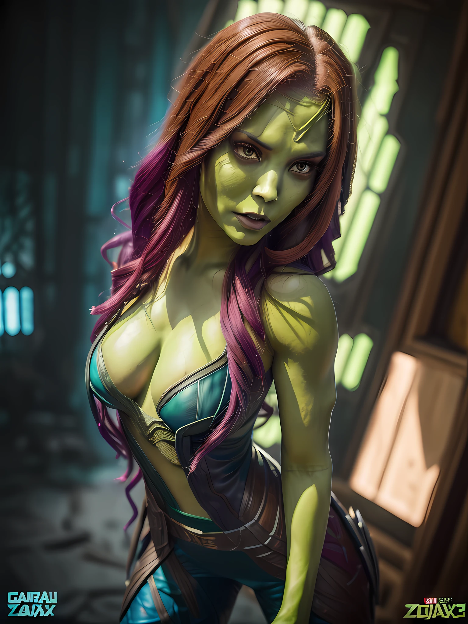 linda mulher, (((inspirada em "Gamora" de "Guardians of the Galaxy"))), roupas de Alien, ((Autorretrato de rosto frontal)), 8k UHD, DSLR, grain of film, pintura fotorrealista Fujifilm XT3 arte midjourney, ((as Zoë Saldaña)), (NSFW:1.2).