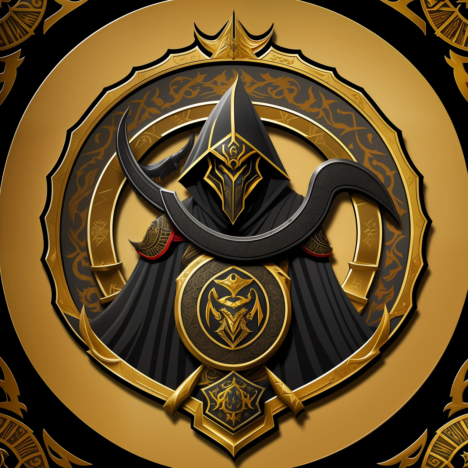 Elegant Insignia of the Guild of Thieves and Assassins Called Black Mamba, Coat of arms of a black serpentemamba (Oroboros) in the shape of Egyptian KHOPESH anubis (Credo do Assassino) em estilo steampunk, item de RPGm em ultra HD, Golden with vibrant red bloodthirsty scarlet details