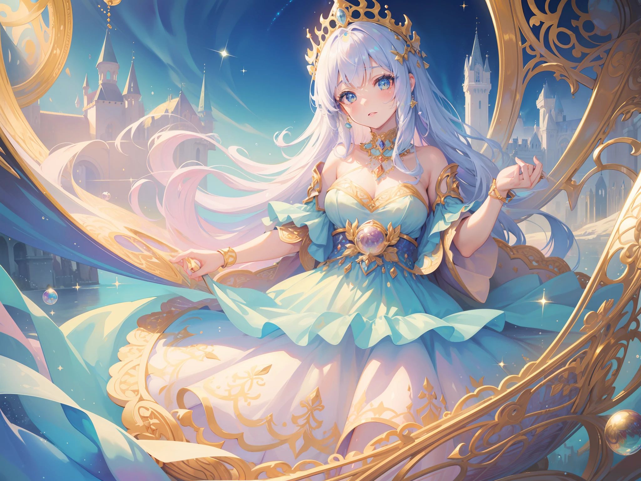 masterpiece, best quality, 8k resolution, sharp focus, intricate detail, beautiful girl, sparkling eyes, golden ratio face, otherworldly liquid, watercolor, ((pastel colors)), bright colors, whimsical, colorful, sharp focus, high resolution, fine detail, princess fantasy ballgown, ((round eyes)), iridescent bubbles, castle landscape in background