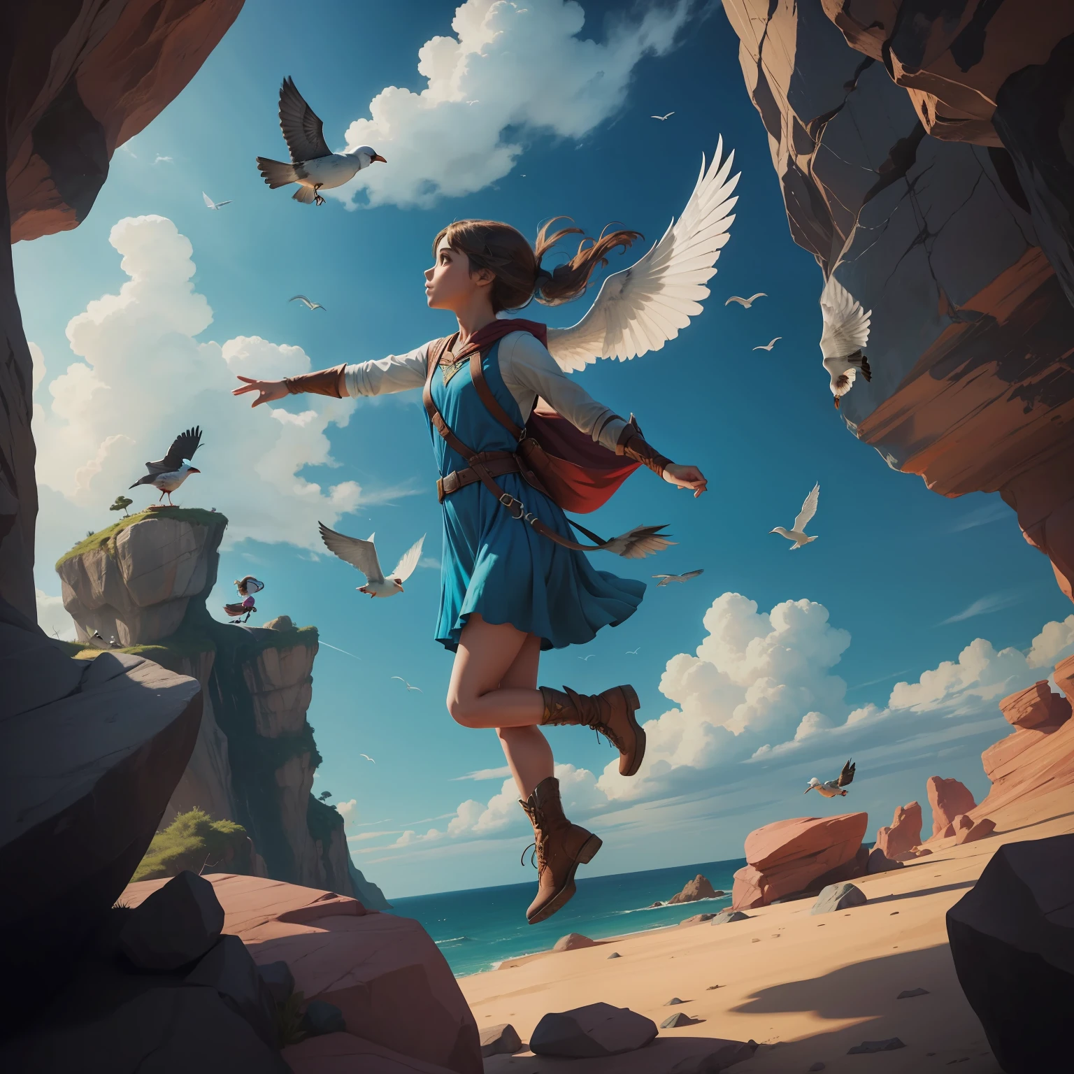 A girl flying among the rocks in the sky, with several magical birds around you, como um super heroi, alta qualidade, fundo realista e detalhado