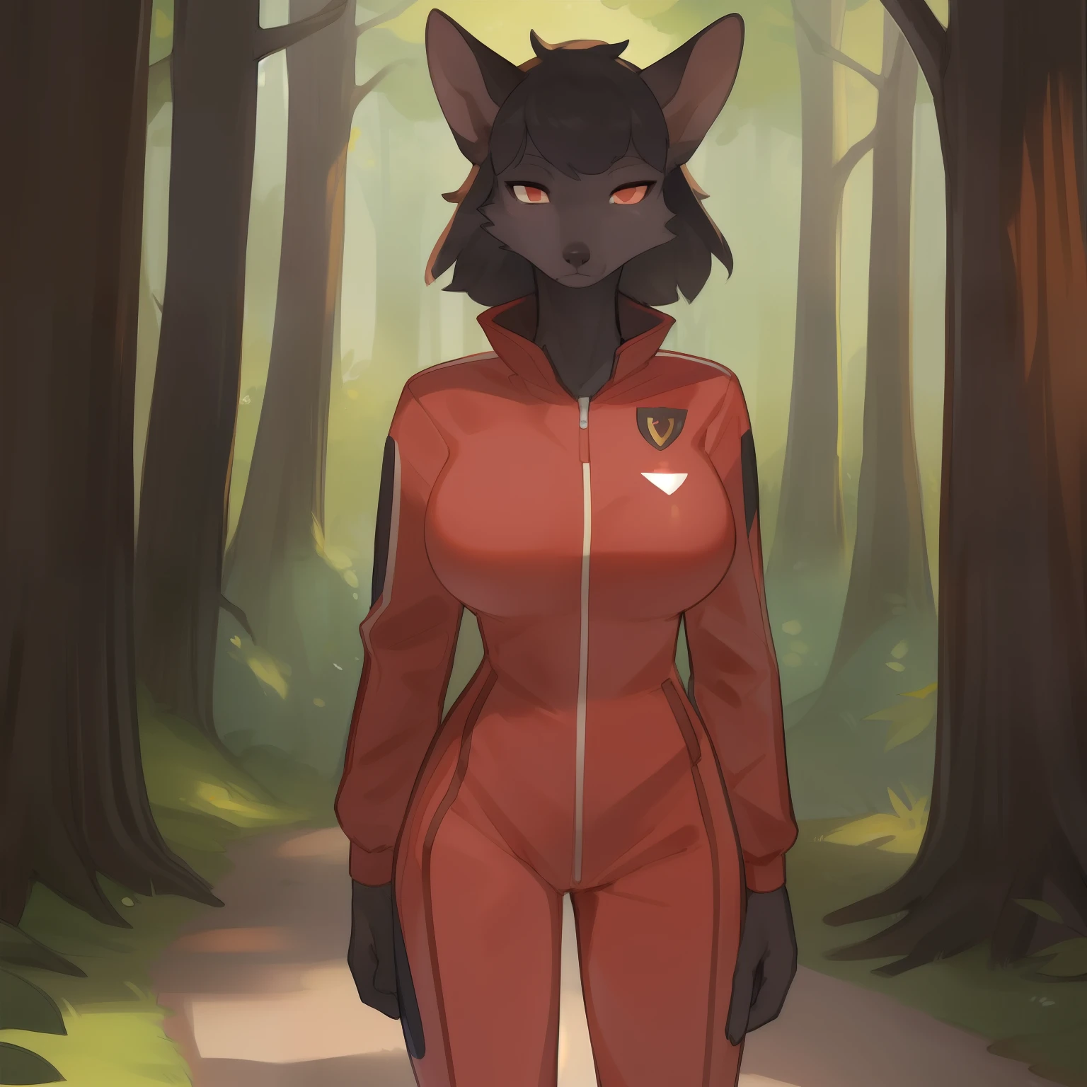 Solo, female, standing, Virginia oppossum, (black fur), by bebebebebe, forest road, ((snout, hair)), big breasts, small waist, weak, slim, skinny, red military spacesuit