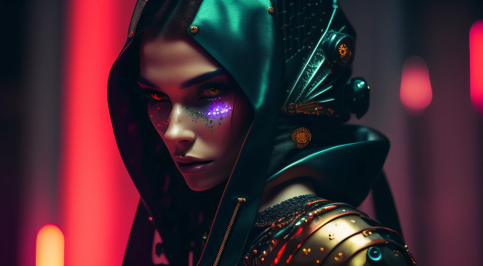 Detailed Ghotic Medieval portrait of cyberpunk style , futuristic (neon :1.1)reflective wear, sci-fi, robot parts, gold parts, machine face
cinematic light
ef 50mm, ((art by Greg Rutkowsky)), (studio ghibli:1.1), artgern, art, illustration, ((dark atmosphere)), ((vegnette)), ((HDR))
((minimal palette colors)), soothing tones, muted colors, dim, calm colors, pastel colors
highly details, intricate details