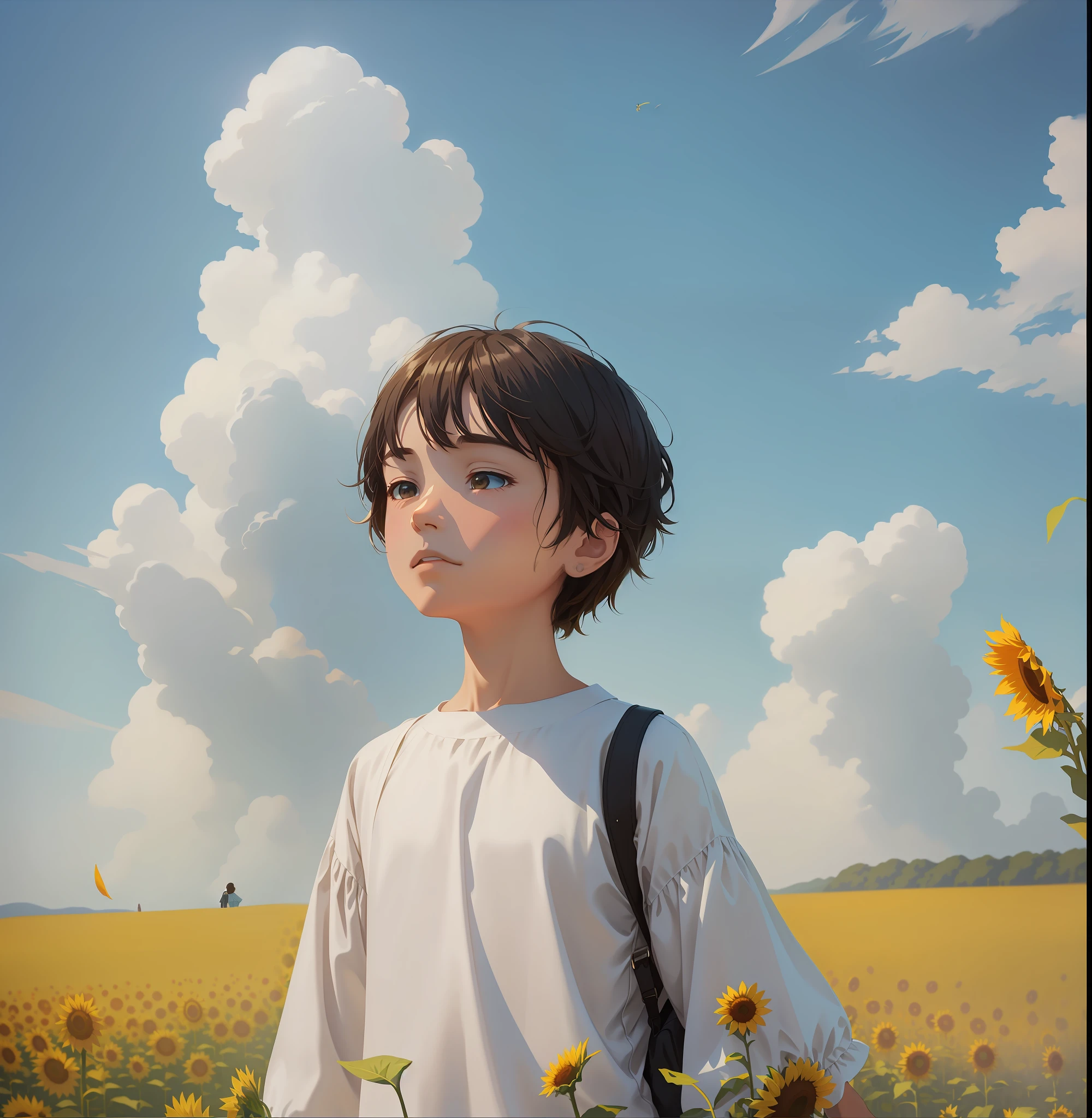There was a standing in a sunflower field, Guviz-style artwork, childrens art in artstation, Makoto Shinkai. a digital rendering, atey ghailan 8 k, Makoto Shinkai. rendering by octane, rendering by octane. By Makoto Shinkai, guweiz masterpiece, Inspired by Han Yonghao There is a flower arm