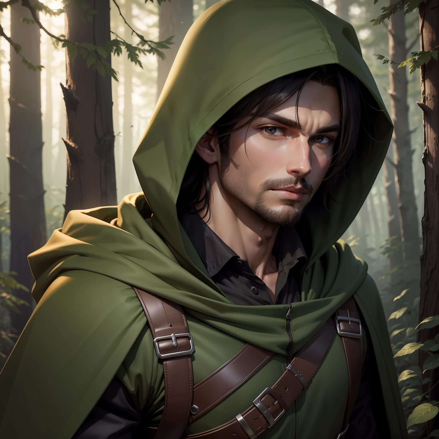 in a dark forest there is a man, a male hunter, a ranger wearing a green hood and cloak, he carries a hunting bow, he has dark hair and a little scruff on his face and has dark brown eyes, anime style --auto