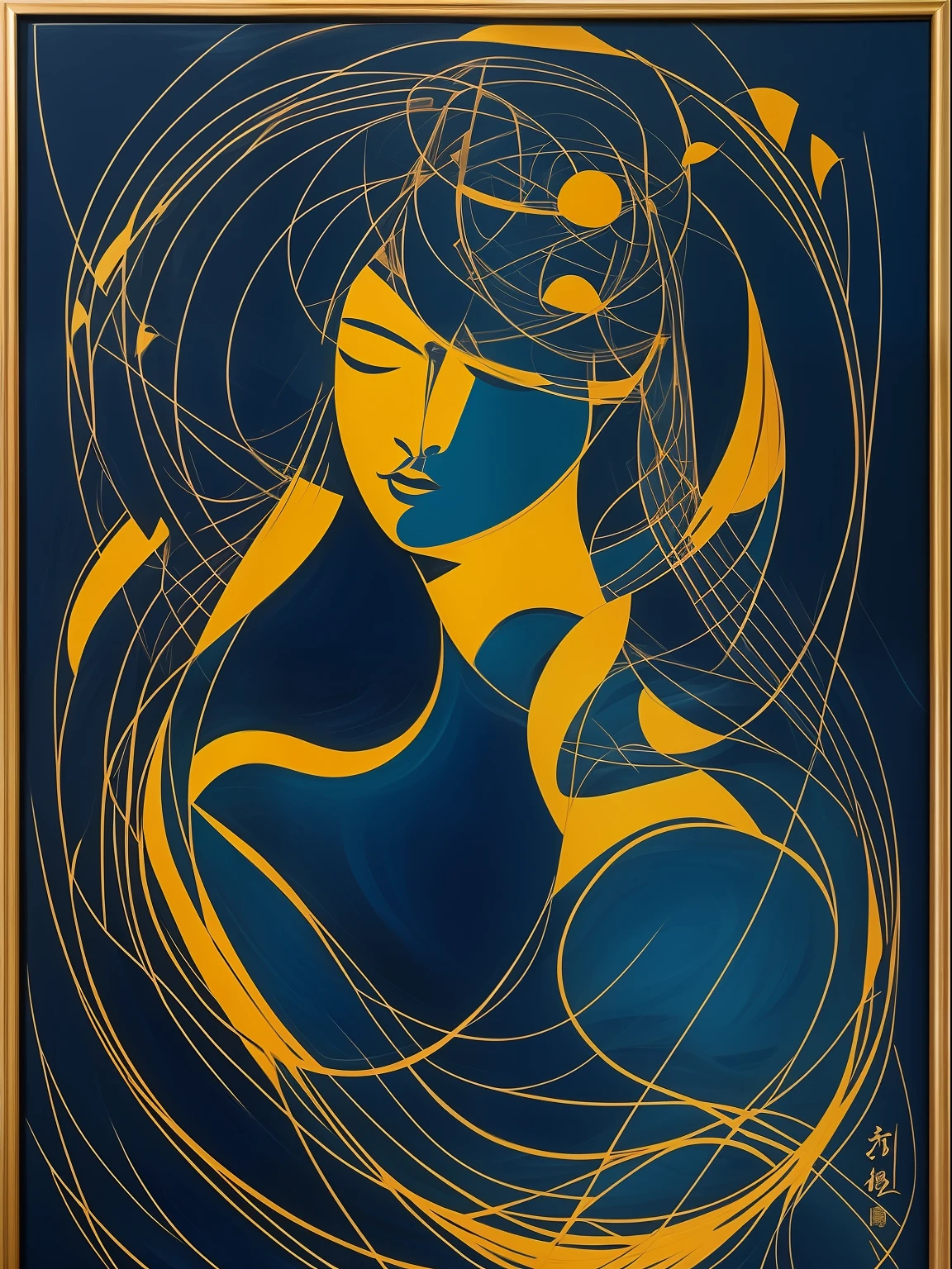 Klein blue figure abstract decorative painting，Black vintage border，Screen 静谧，A deep。The brushstrokes are rich，male people，Characters demand an infectious look。