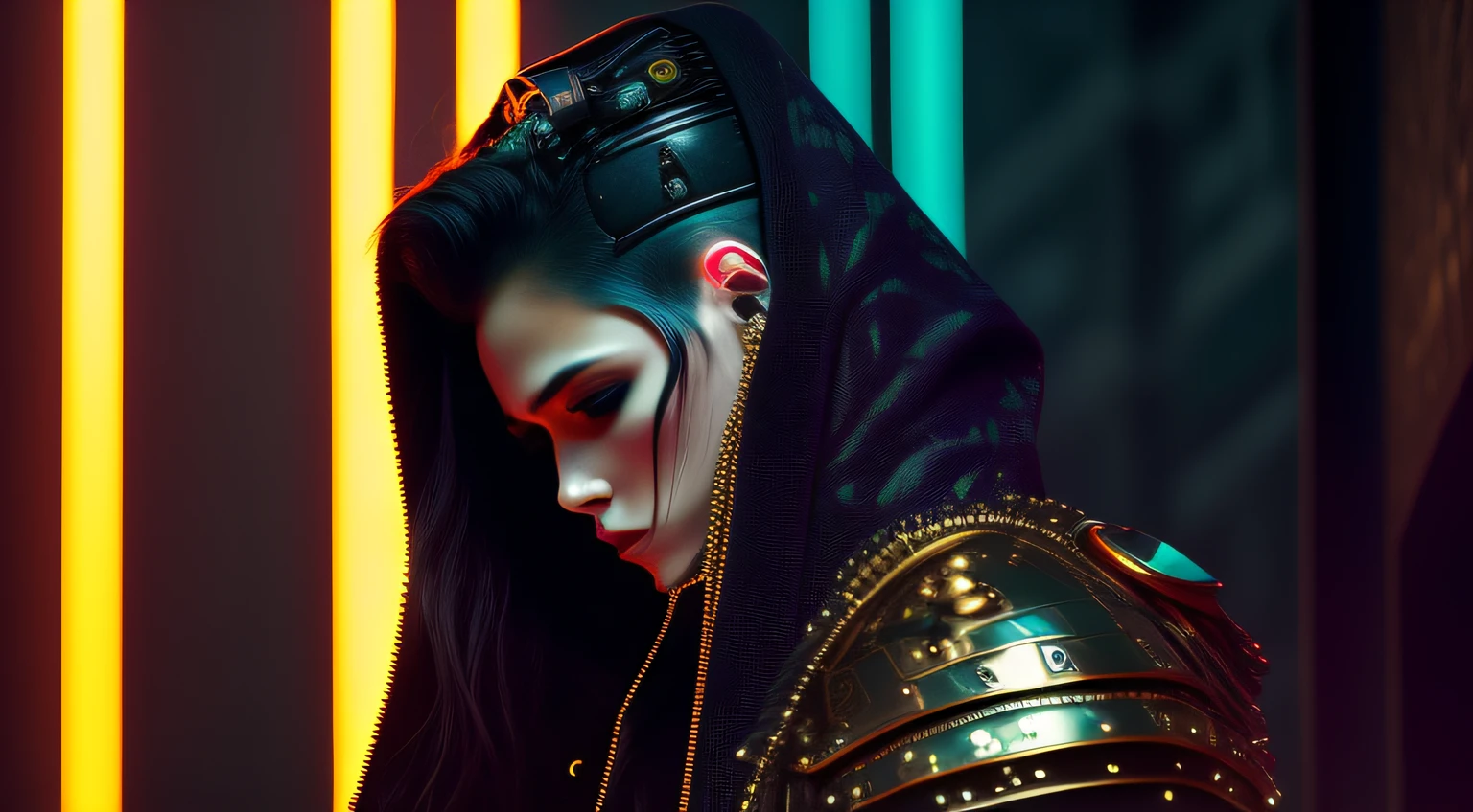 Detailed Ghotic Medieval portrait of cyberpunk style , futuristic (neon :1.1)reflective wear, sci-fi, robot parts, gold parts, machine face
cinematic light
ef 50mm, ((art by Greg Rutkowsky)), (studio ghibli:1.1), artgern, art, illustration, ((dark atmosphere)), ((vegnette)), ((HDR))
((minimal palette colors)), soothing tones, muted colors, dim, calm colors, pastel colors
highly details, intricate details