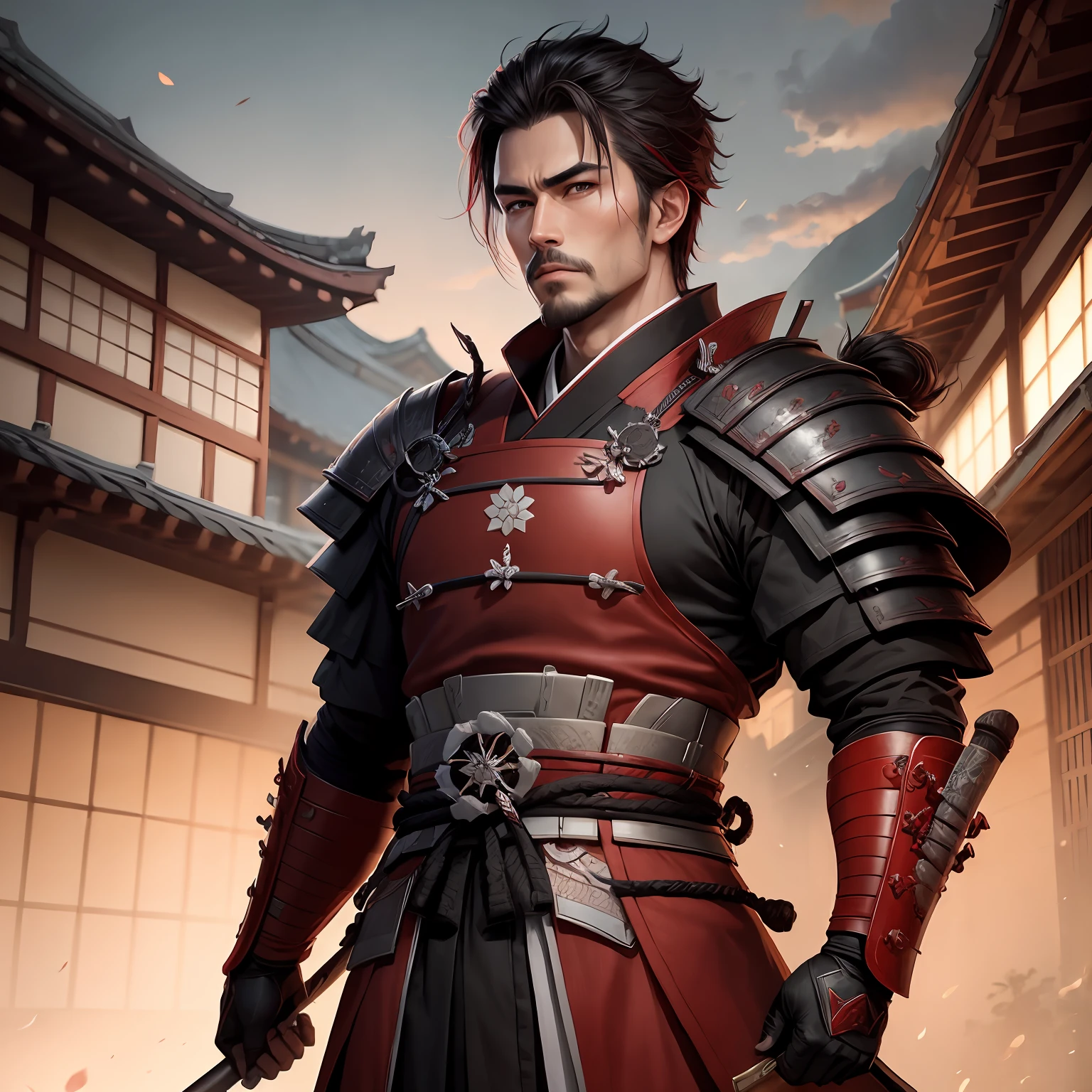 Handsome male samurai with dark hair, ronin wearing red