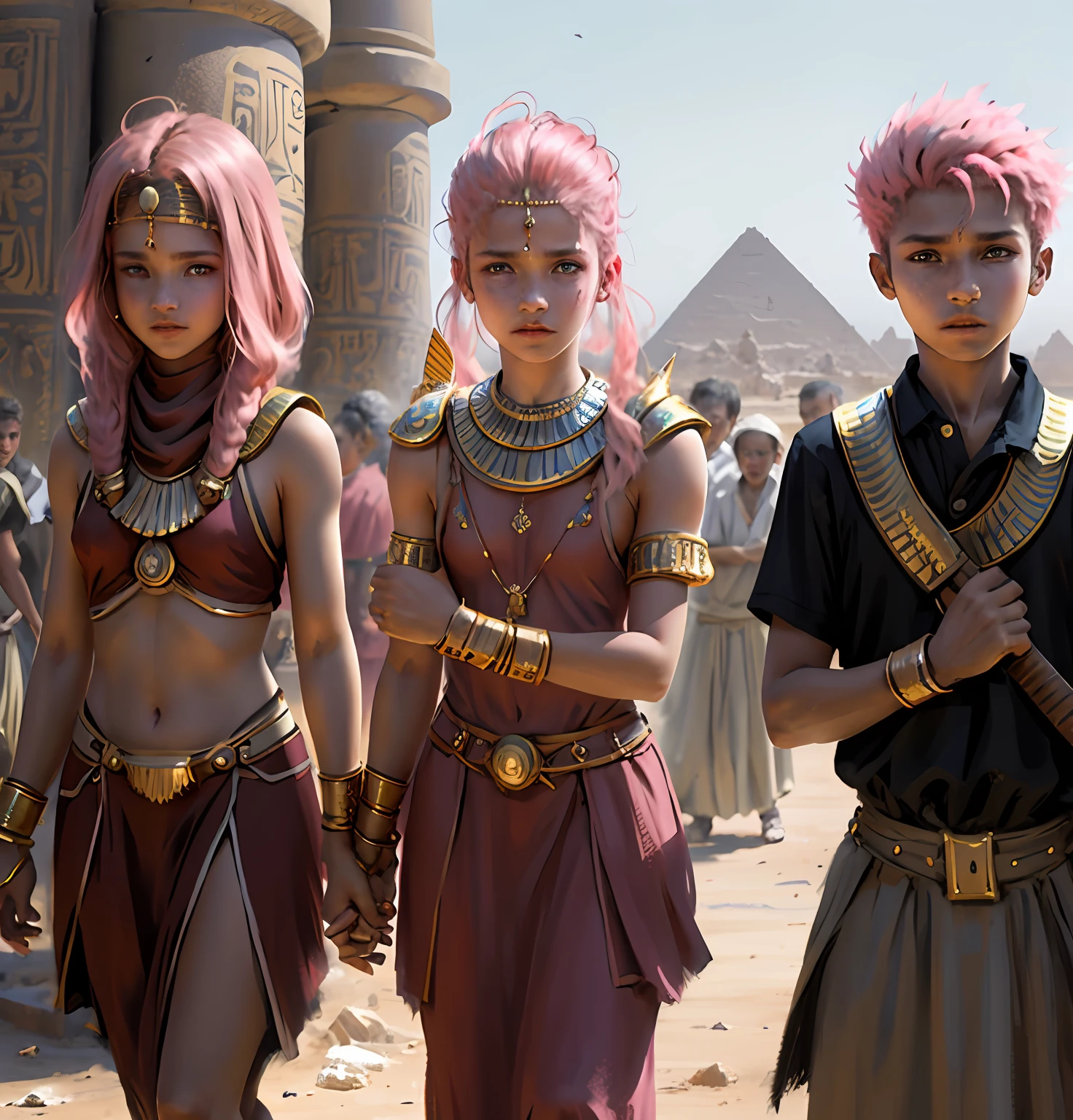 Several 14-year-old boys and several 15-year-old girls in a fist in Egypt A 15-year-old boy with pink hair is a man who has honey-colored eyes in the background of ancient Egypt you can see the pyramids