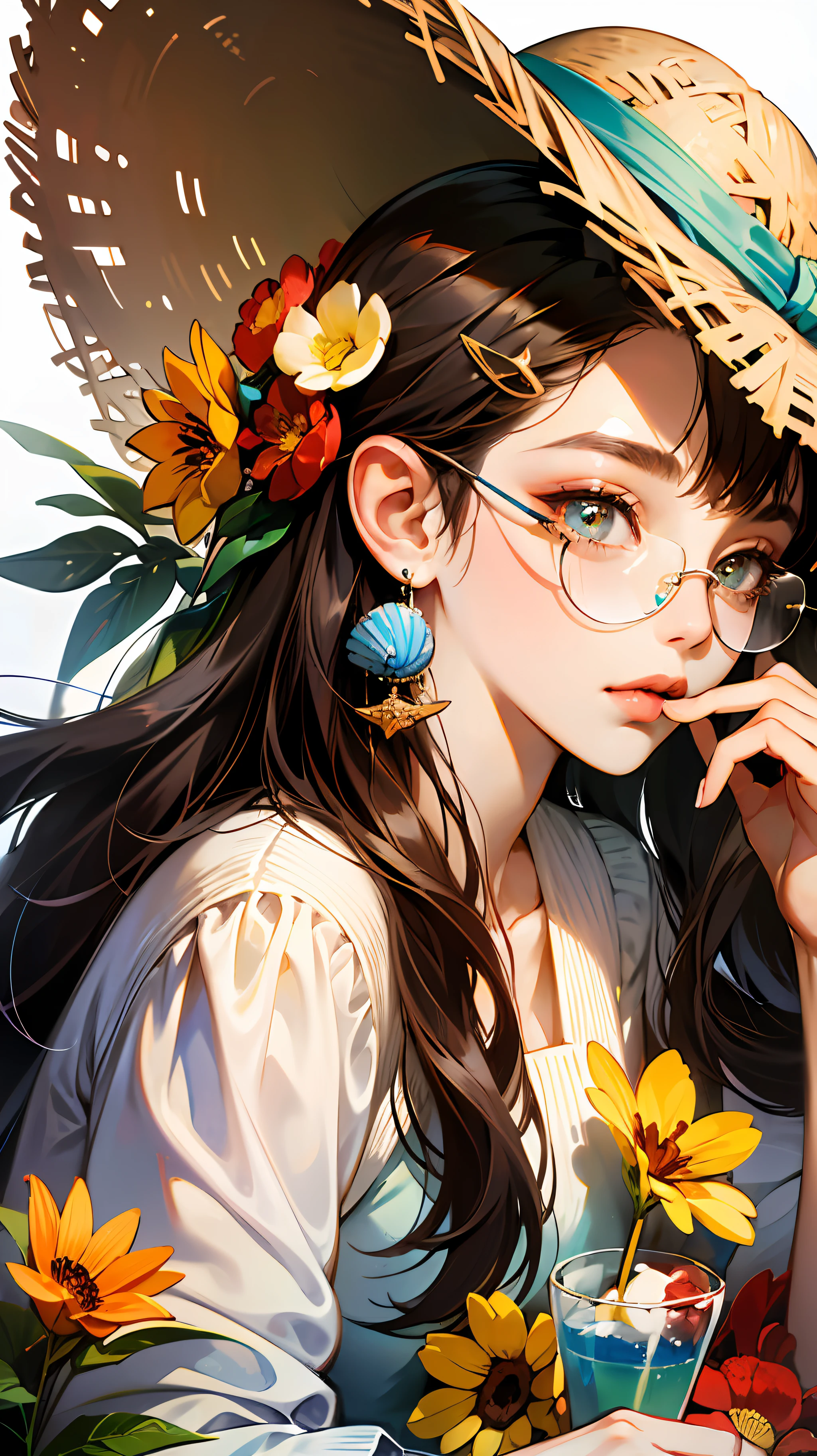 absurdres, highres, ultra detailed, 1girl, solo, extremely detailed eyes, starfish, seashell, shell, flower, hat, hair ornament, jewelry, straw hat, looking at viewer, sunglasses, hat flower, drinking straw, hairclip, earrings, red flower, tinted eyewear, yellow flower, bangs, english text, multicolored hair, orange flower, black hair, ring, cup, long hair, orange-tinted eyewear, food, brown hair, portrait, shell hair ornament