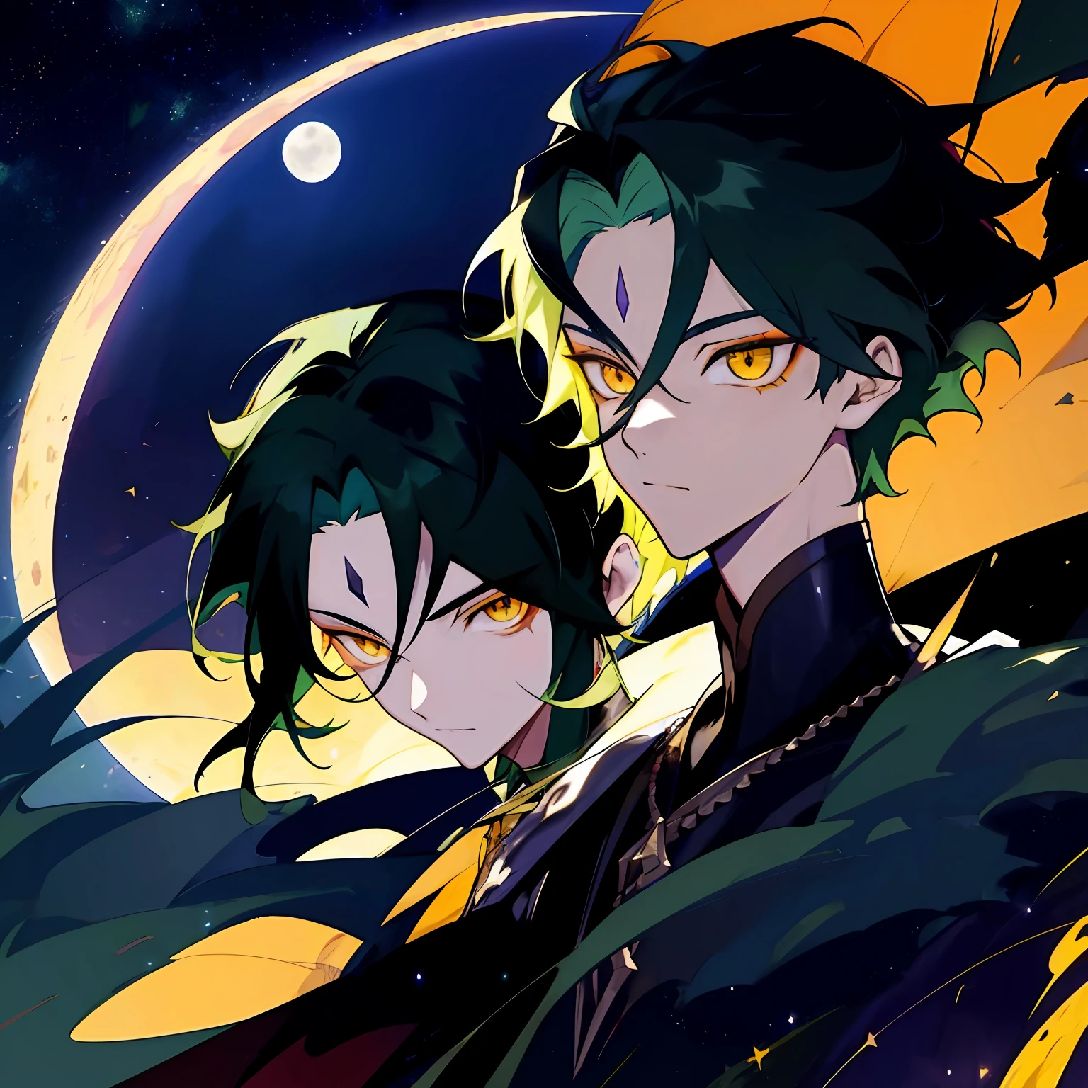 1boys，Dark green hair，Best quality at best，tmasterpiece，Extrem，yellow eyes，malefocus，beautidful eyes，starrysky，moon full