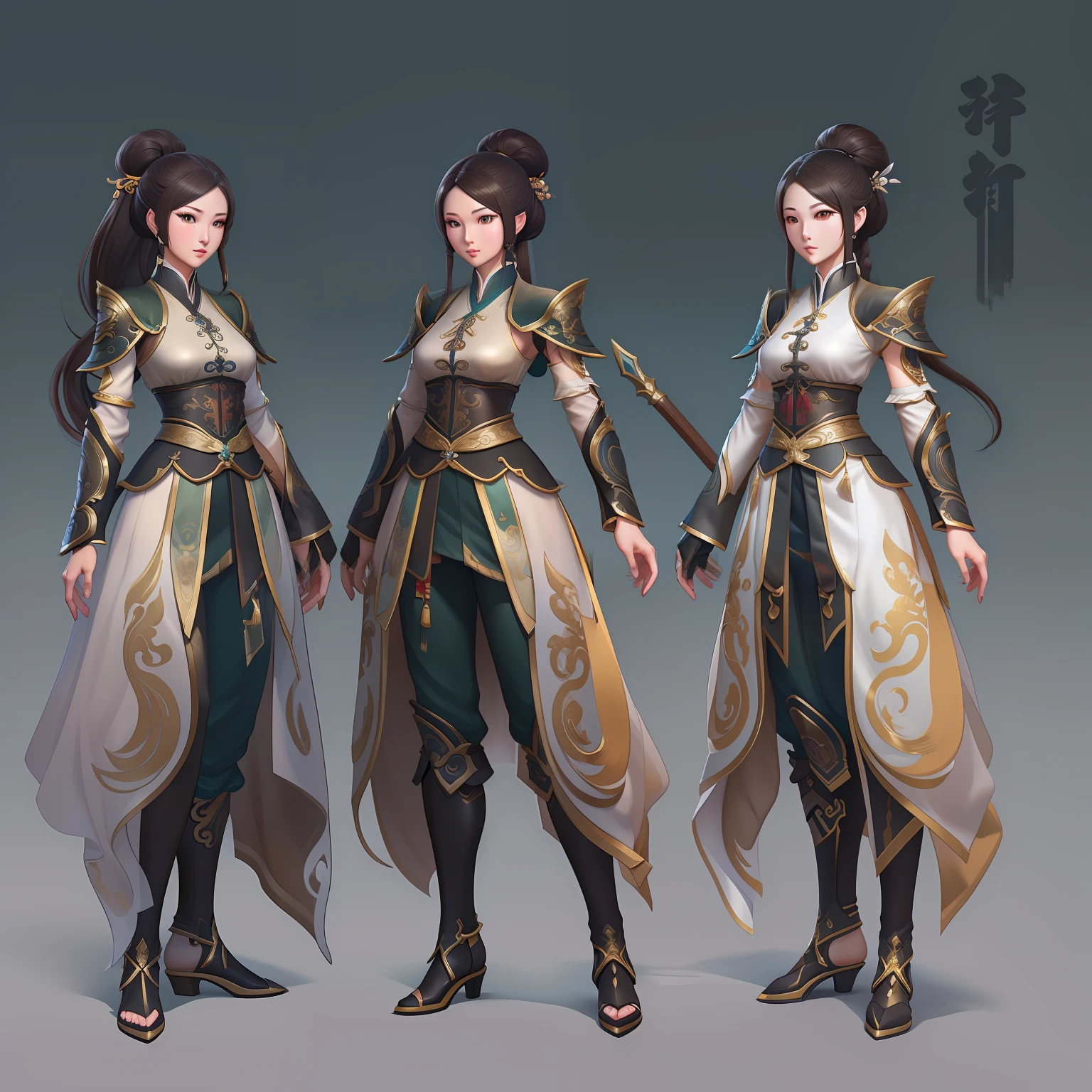 a close up of a woman in her 30's, with brown eyes eyes and brown hair, wearing a green and black ball gown dress, a heroine in wuxia style, with brown eyes, martial artist holding a longbow, standing in a chinese monastary, new costume concept design, in the style of blade and soul, full body character concept, detailed character design, inspired by Yang Jin, inspired by Li Mei-Shu, chinese costume, inspired by Lan Ying, inspired by Sim Sa-Jeong, inspired by Li Tang, lunar themed attire, costume with blue accents, inspired by Ju Lian, colored concept art, highly detailed character design, highly detailed face, inspired by Ai Xuan, very highly detailed face, unreal engine render, final fantasy 14 style, inspired by Leng Mei