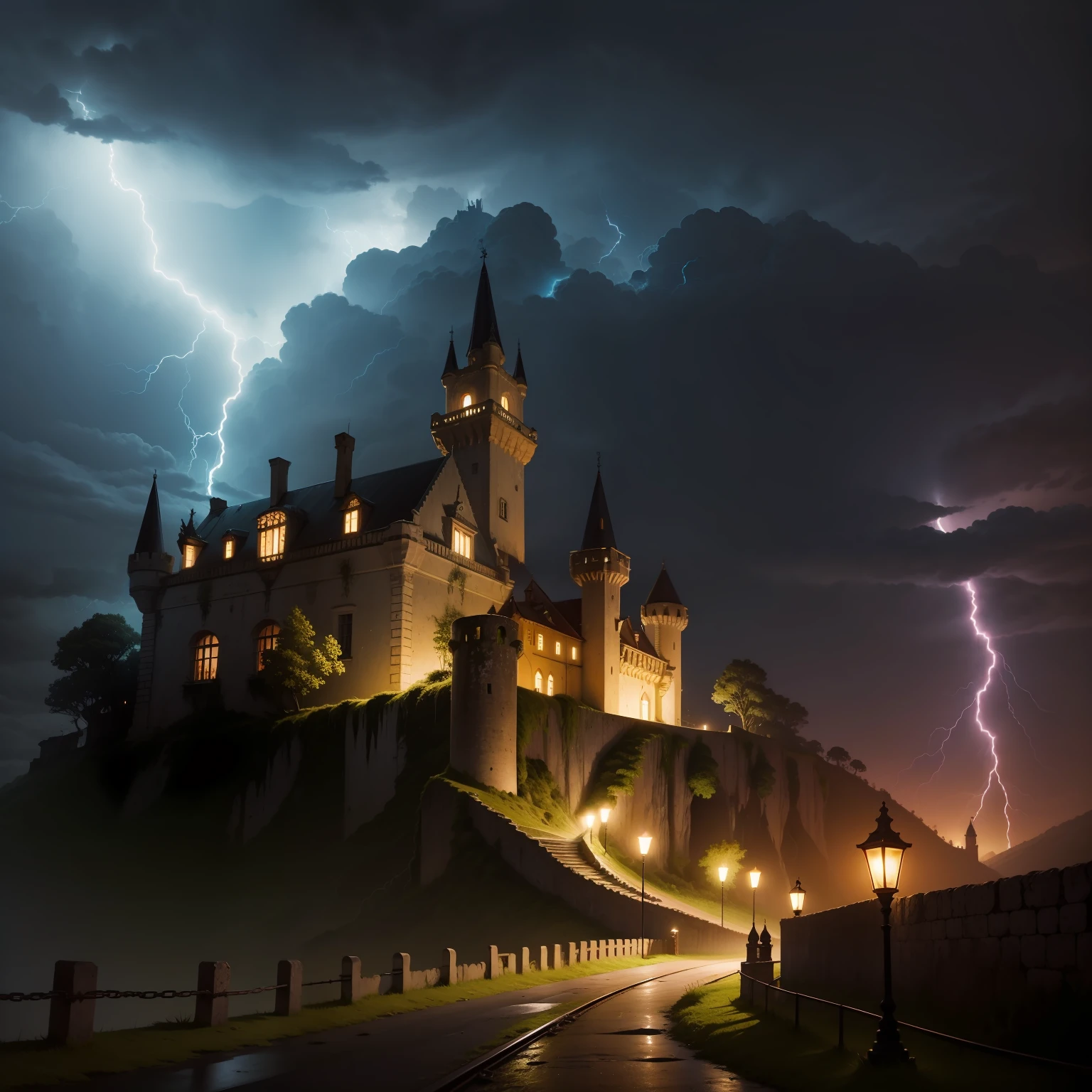 Castelo abandonado assombrado, cimo da montanha, caminho de terra, tempestade, chuva, lightning, noite, nevoeiro, darkeness.