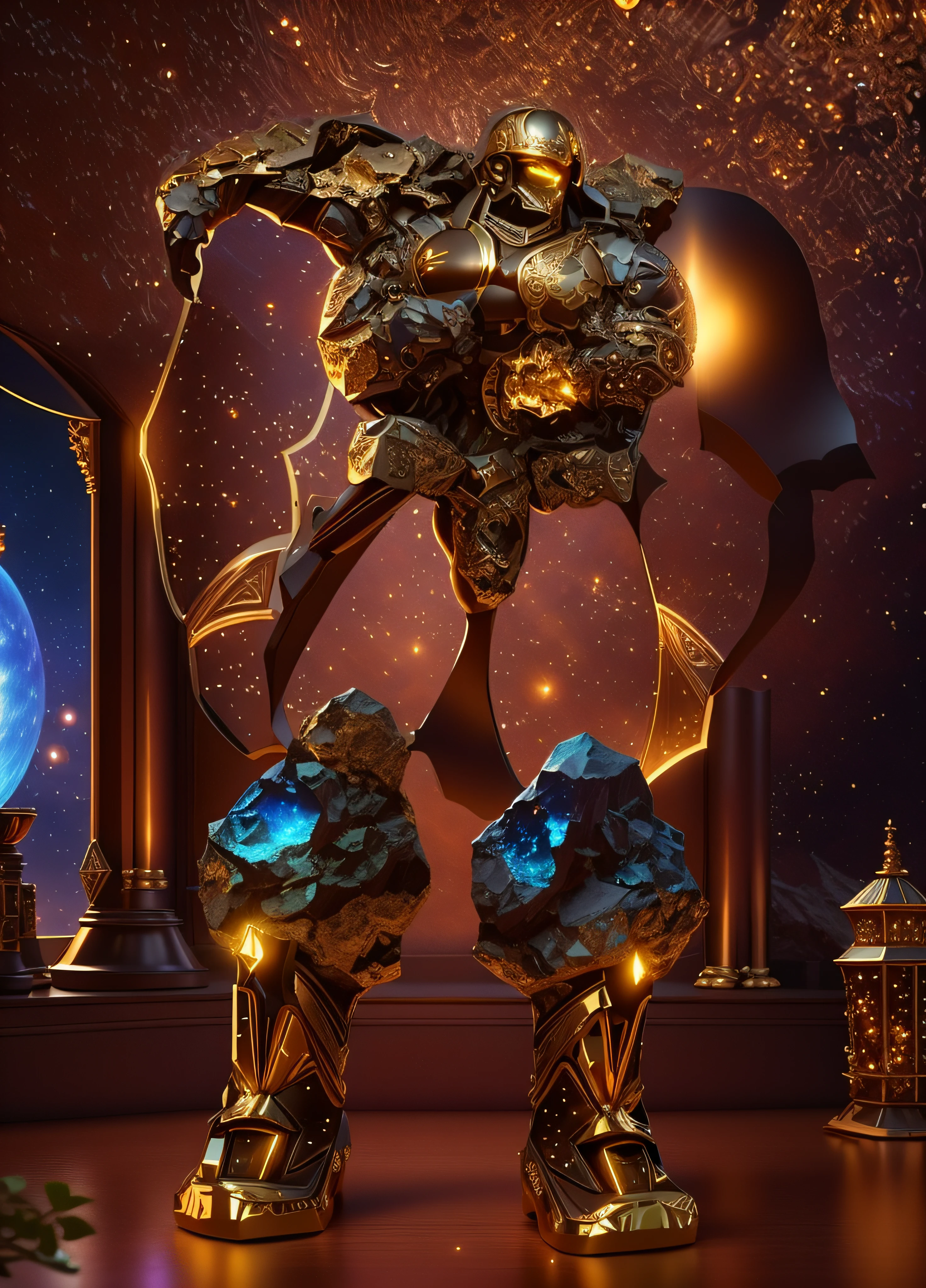 The sinister representation of a stone giant with legs and arms made from the look of a beautiful galaxy, alaranjado luminoso e bege com dourado, pele feita de neon amarelo, 3D-rendering, Hyper-realistic graphics, 3D-rendering, 8k, NVIDIA, RTX 4090 | | | | | | | | | | | | | | | | | | | |, ray tracing, Bokeh, Scenery in the background of an interiror of a cave illuminated by lunar rays