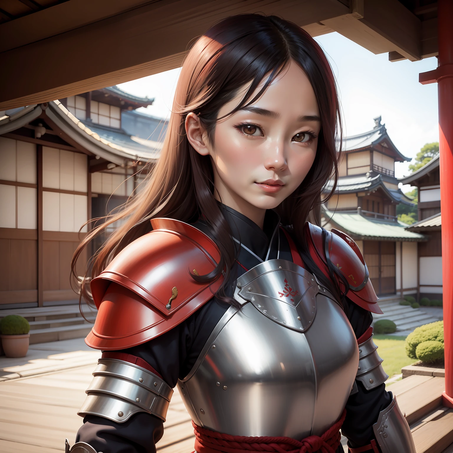 beautiful 30 year old female japanese woman, female 14th century Japanese sailor, wearing red, cheerful, wearing armor