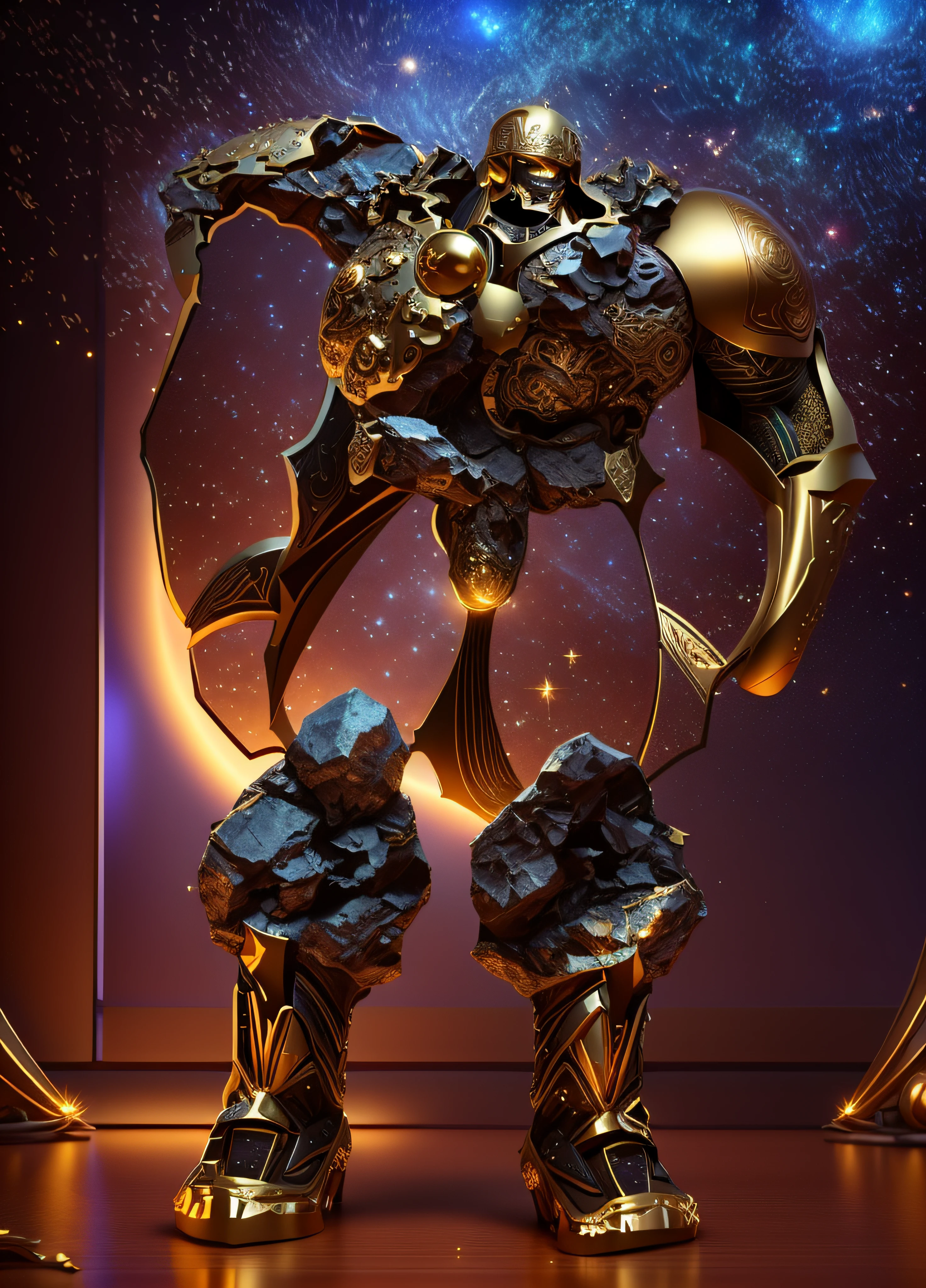 The sinister representation of a stone giant with legs and arms made from the look of a beautiful galaxy, alaranjado luminoso e bege com dourado, pele feita de neon amarelo, 3D-rendering, Hyper-realistic graphics, 3D-rendering, 8k, NVIDIA, RTX 4090 | | | | | | | | | | | | | | | | | | | |, ray tracing, Bokeh, noite estrelada e com uma enorme lua cheia ao fundo,