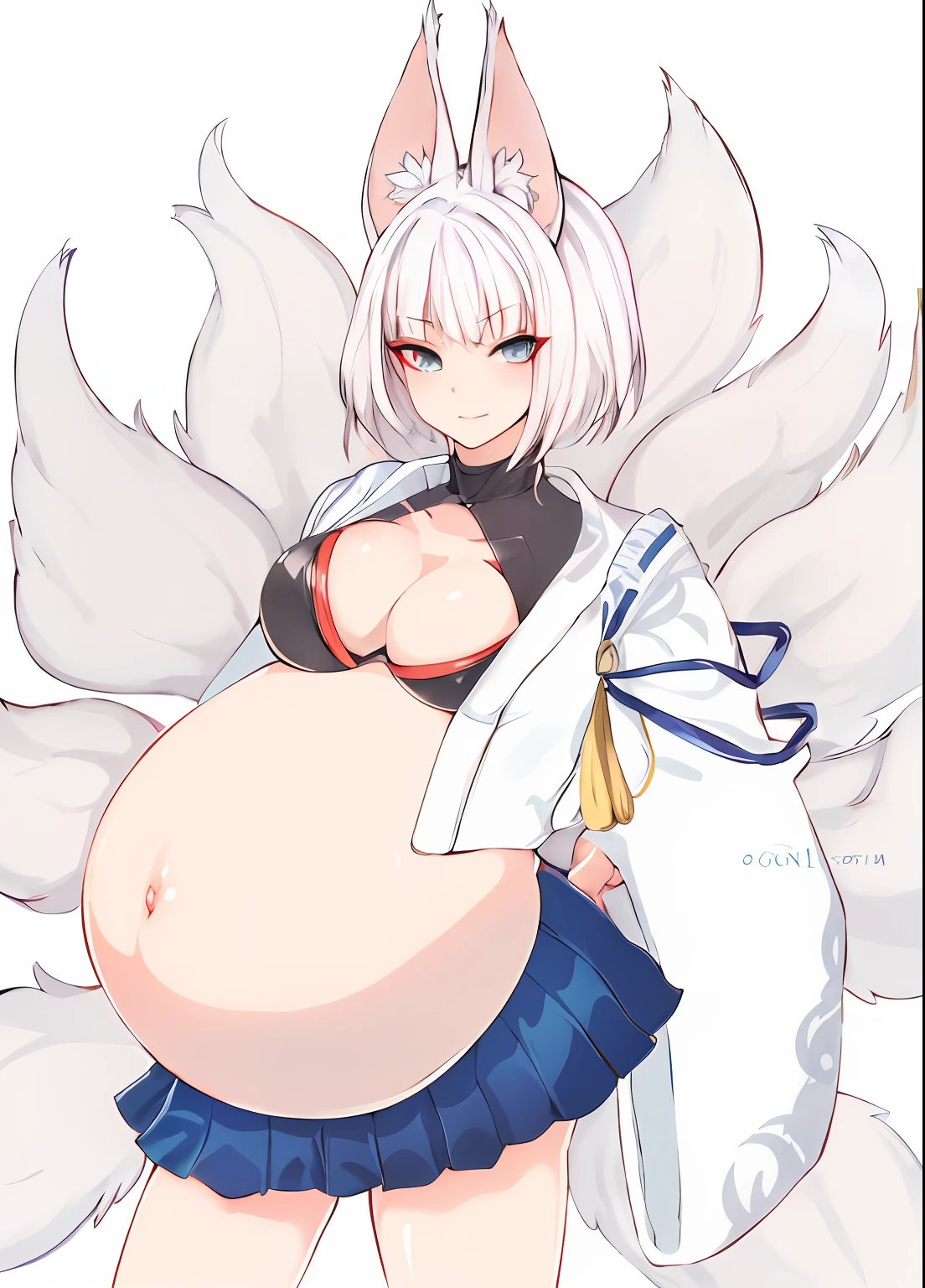 Personaje de anime con una barriga grande y una barriga grande, zorro nobushi, zorro blanco de pelo, Deidad de pelo blanco, Anime White Fox, fullbody commission for, Kitsune, Thicc, Chica gato blanco, Una hermosa mujer Kitsune, Ella tiene un vientre redondo y gordo y tembloroso, Shikamimi, kemono, Zorro blanco, commission for high resolution