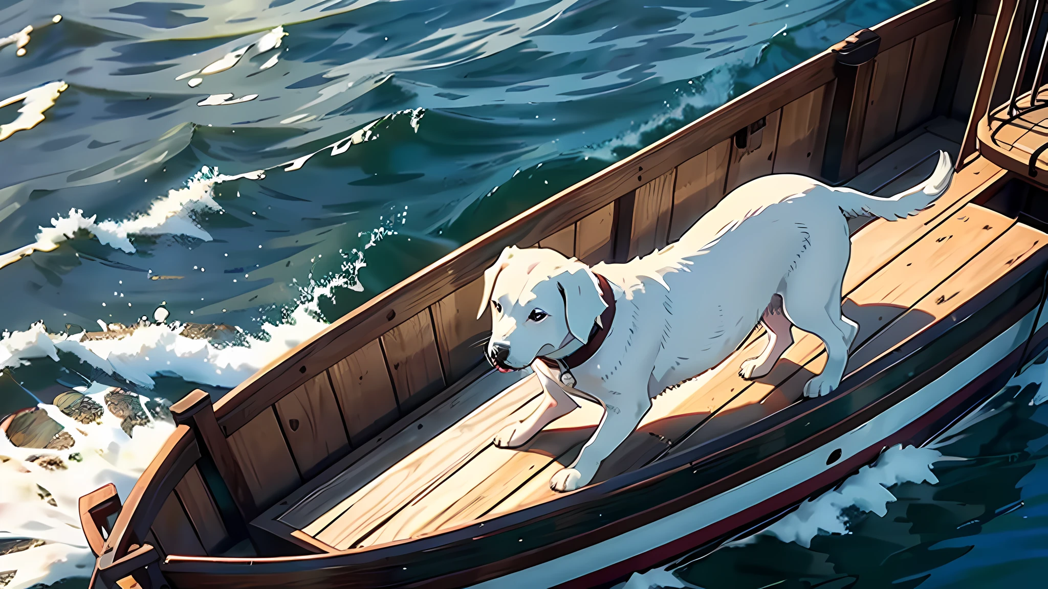 A white Labrador,Take a small wooden boat,Maritime navigation