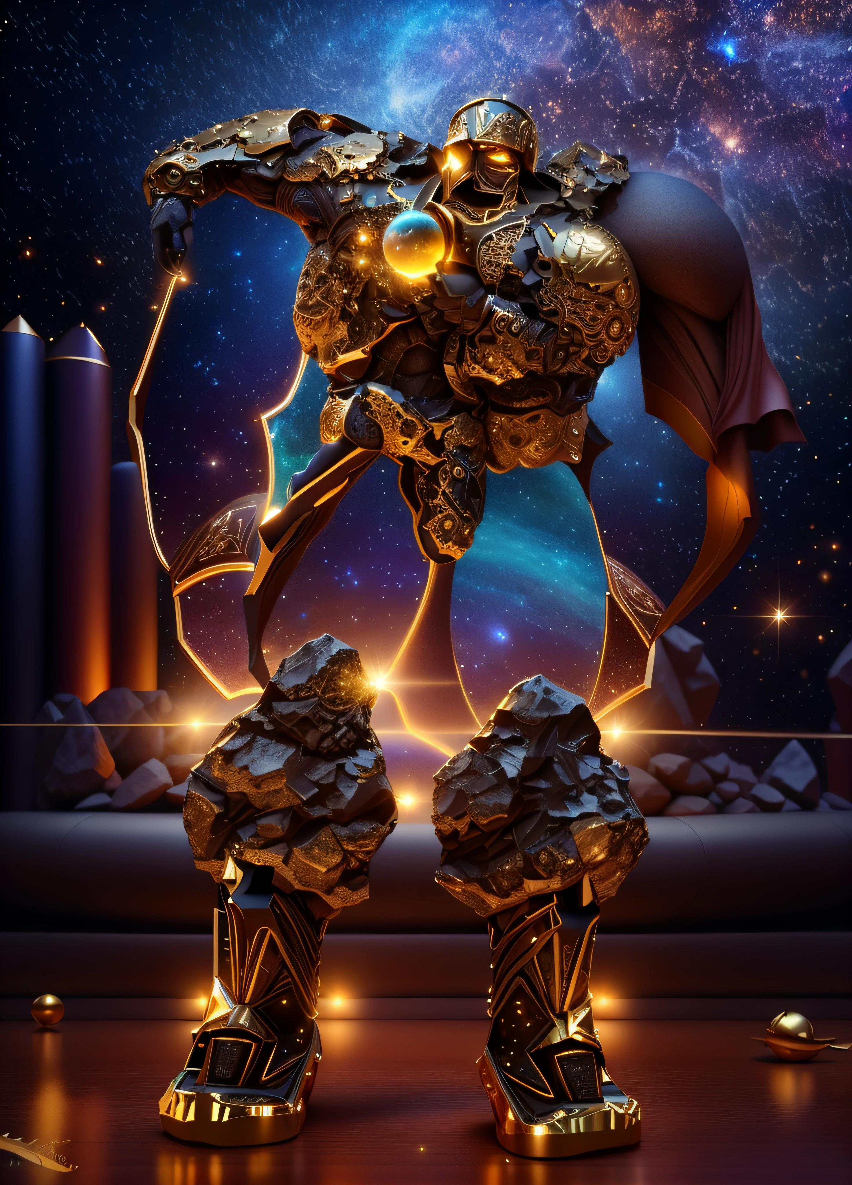 The sinister representation of a stone giant with legs and arms made from the look of a beautiful galaxy, alaranjado luminoso e bege com dourado, pele feita de neon amarelo, 3D-rendering, Hyper-realistic graphics, 3D-rendering, 8k, NVIDIA, RTX 4090 | | | | | | | | | | | | | | | | | | | |, ray tracing, Bokeh, noite estrelada e com uma enorme lua cheia ao fundo,