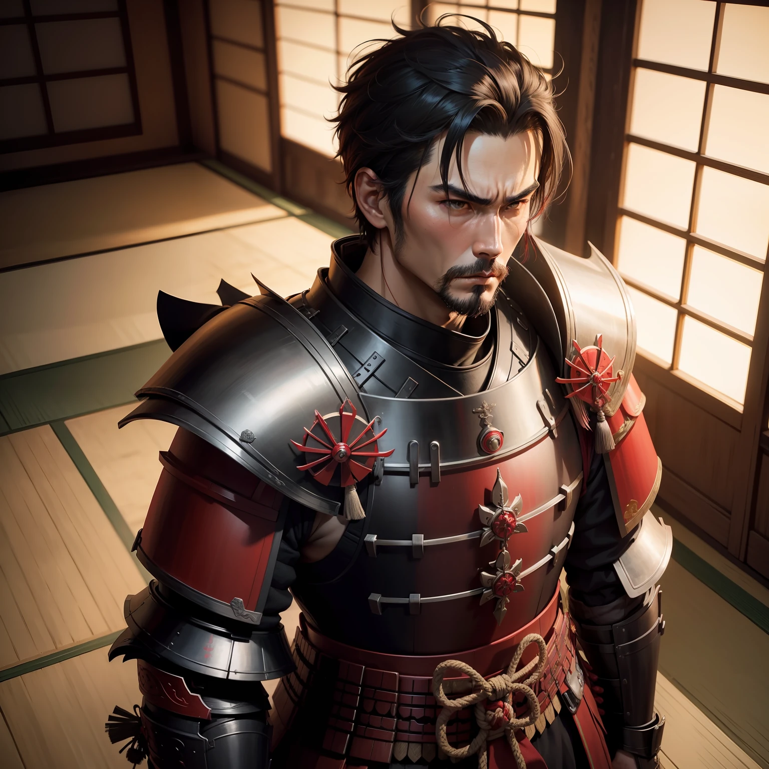 Handsome male Samurai, wearing red, wearing armor, short hair, black hair, a little facial hair, serious look on his face, standing in a japanese style room