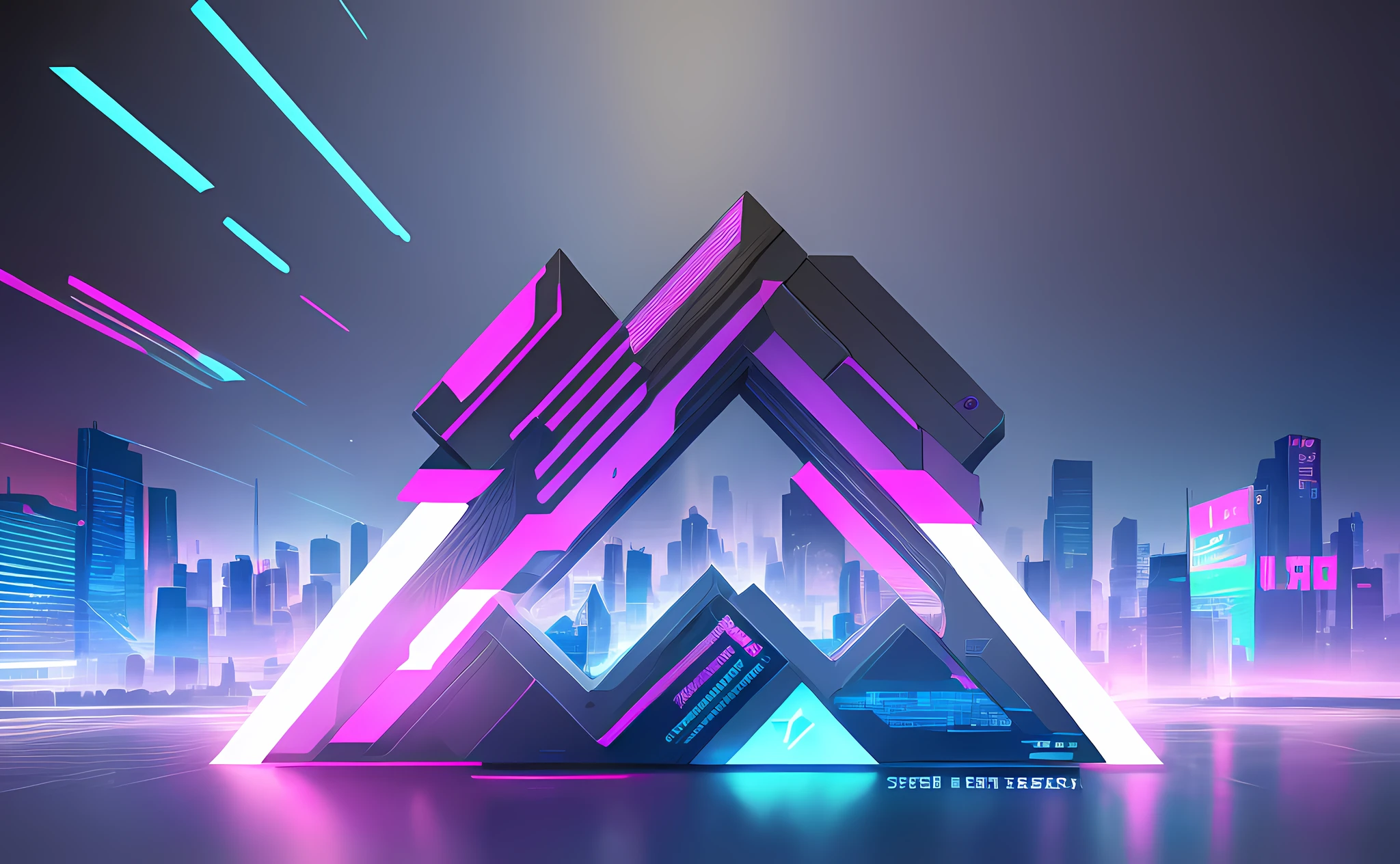 ((imagem de logotipo X grande)), imagem hiperrealista de x, logotipo x, tech art, ((estilo Cyberpunk | Cybernetic | estilo futurista)), arte 3D digital ultra realista, desenho minimalista, logotipo X. Bottom at bottom a sketch of a city.