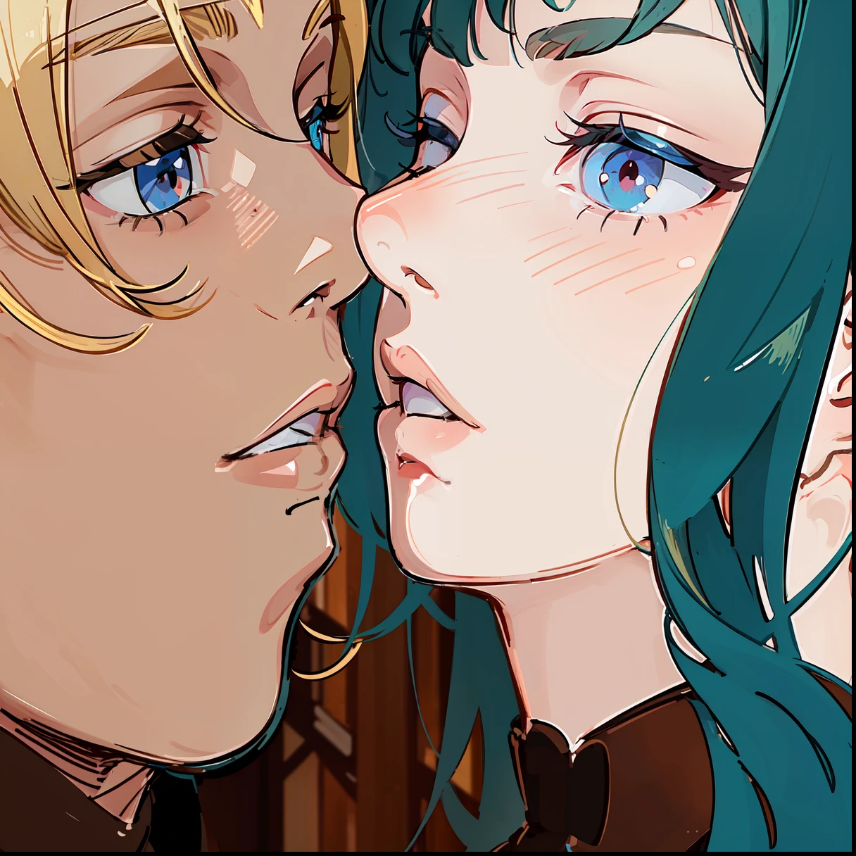 Highly detailed, masterpiece, best quality, amazing shading, intricate, anime style, a couple of lovers, kissing, eyes closed, young man with short blond hair, young woman with long royal-blue hair, in a forest