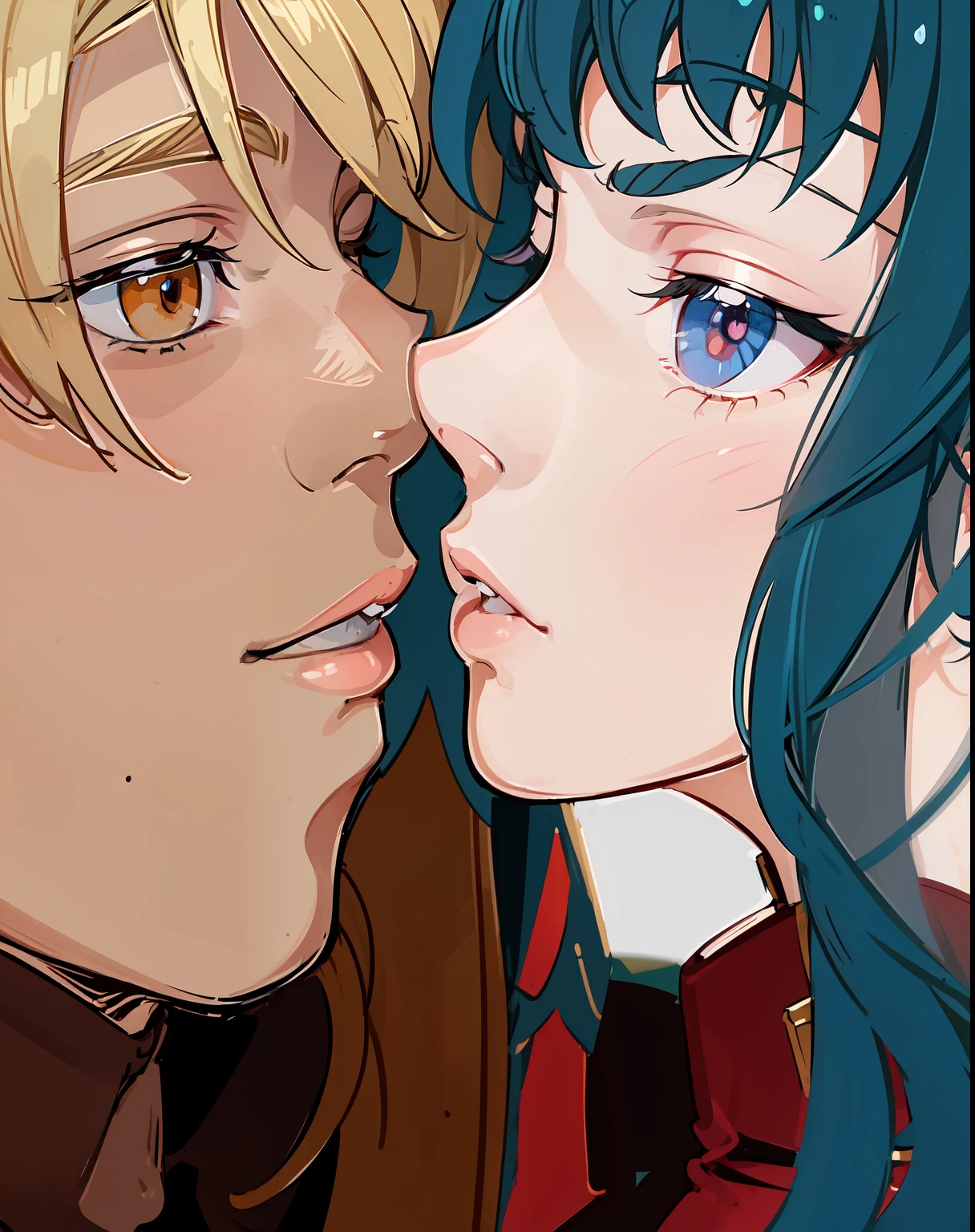 Highly detailed, masterpiece, best quality, amazing shading, intricate, anime style, a couple of lovers, kissing, eyes closed, young man with short blond hair, young woman with long royal-blue hair, in a forest