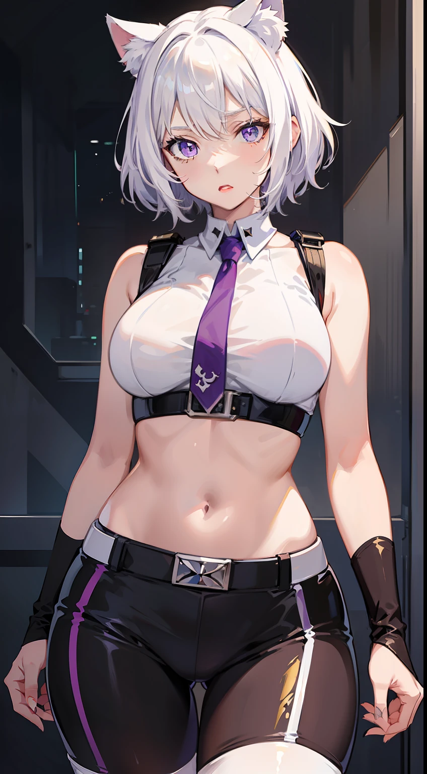 Adult woman, short white hair, cat ears, violet eyes, White superhero uniform, Sleeveless, open belly, t shirt, breeches, claws, anger, Masterpiece, hiquality