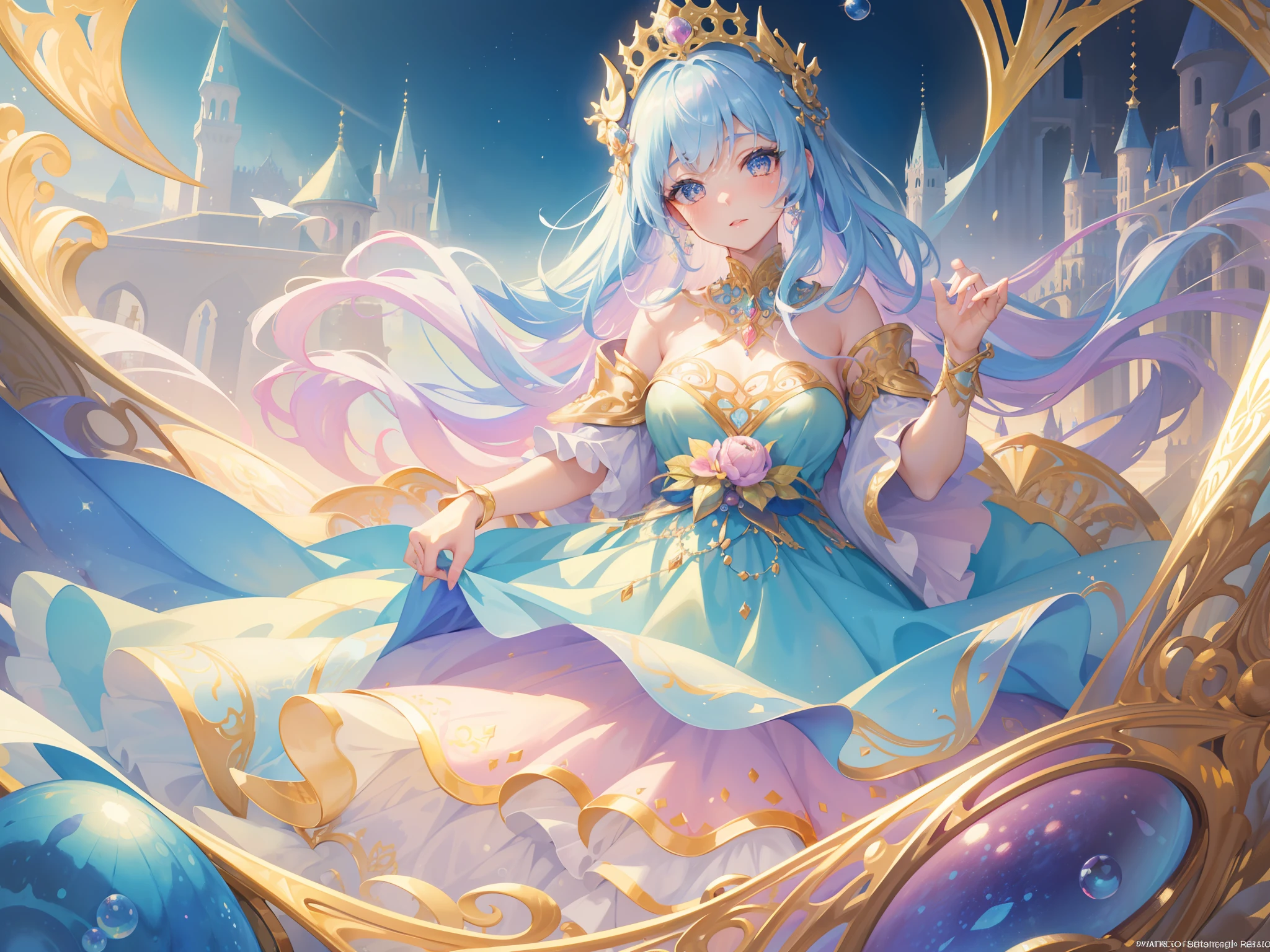 masterpiece, best quality, 8k resolution, sharp focus, intricate detail, beautiful girl, sparkling eyes, golden ratio face, otherworldly liquid, watercolor, ((pastel colors)), bright colors, whimsical, colorful, sharp focus, high resolution, fine detail, princess fantasy ballgown, ((round eyes)), iridescent bubbles, castle landscape in background