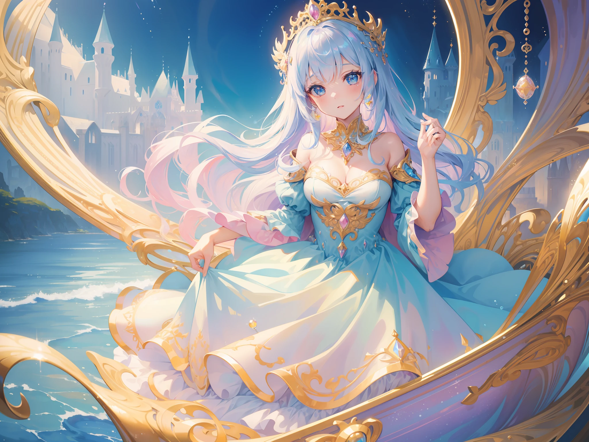 masterpiece, best quality, 8k resolution, sharp focus, intricate detail, beautiful girl, sparkling eyes, golden ratio face, otherworldly liquid, watercolor, ((pastel colors)), bright colors, whimsical, colorful, sharp focus, high resolution, fine detail, princess fantasy ballgown, ((round eyes)), iridescent bubbles, castle landscape in background