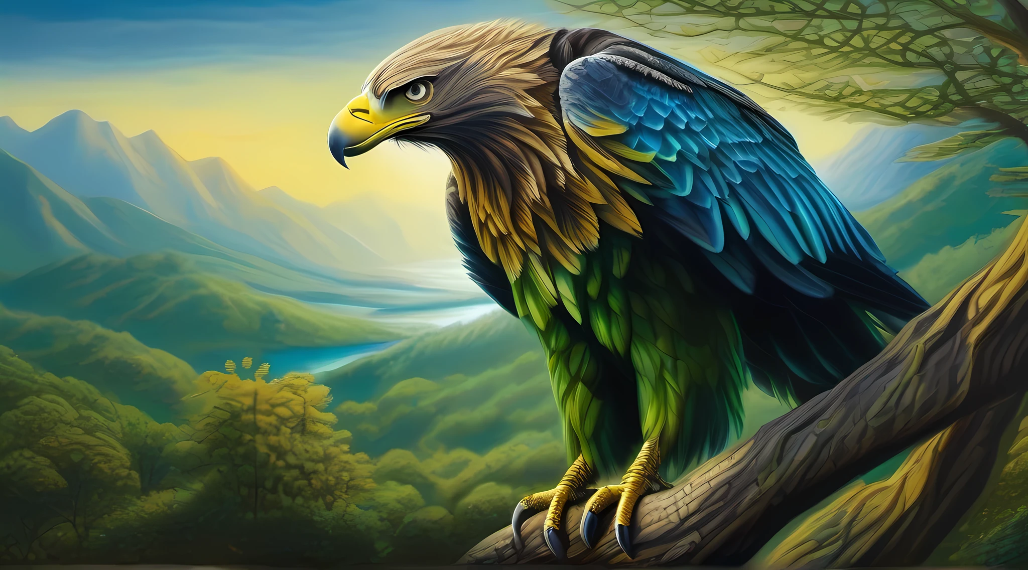 Green and blue feathered eagle mixed with yellow, with strong colors of medium contrast, on top of a tree branch, com bico afiado, ((com olhos vermelhos)), (Realistic illustration with intricate details:1.5). Em um ambiente selvagem da natureza.