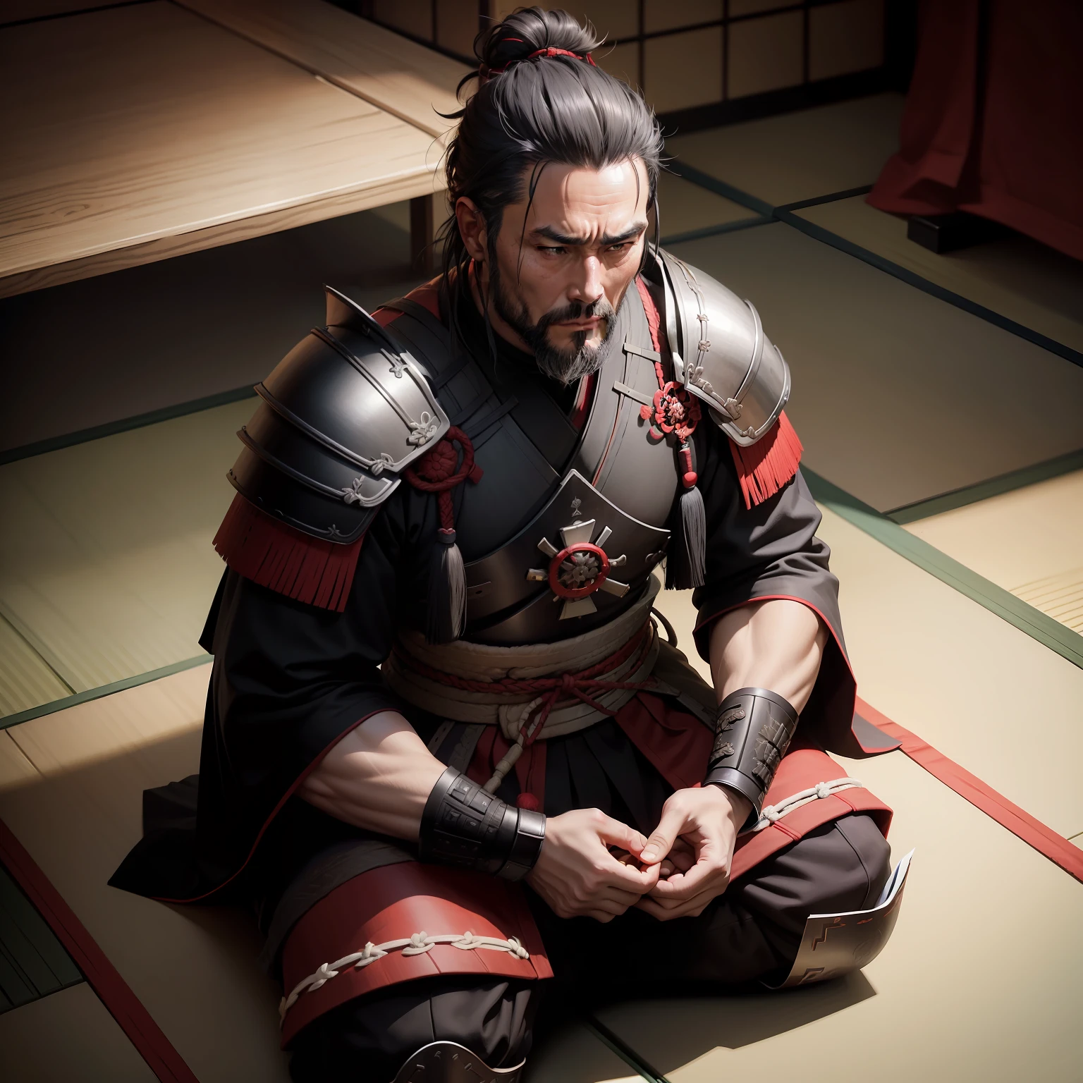 Middle aged male samurai, 40 years old, wearing black samurai armor with red tunic underneath, short hair, dark gray hair, slight beard, sitting on his knees in a Japanese room