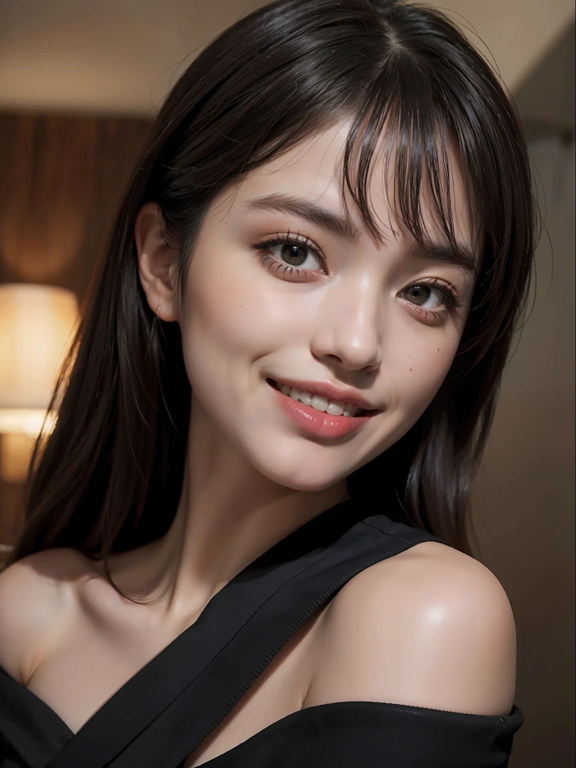 best quality, masterpiece, ultra high res, photorealistic, 1girl, offshoulder, smile