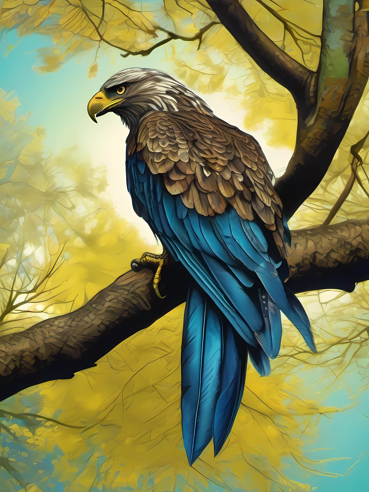 Green and blue feathered eagle mixed with yellow, with strong colors of medium contrast, on top of a tree branch, com bico afiado, ((com olhos vermelhos)), (Realistic illustration with intricate details:1.5). Em um ambiente selvagem da natureza.