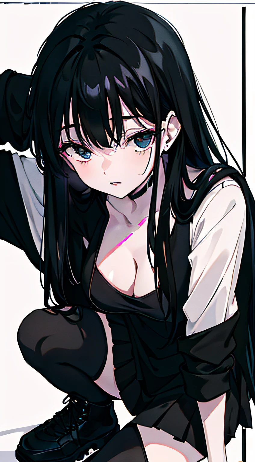 utmost+meticuloso_the face,utmost+Beautiful+meticuloso_The eye,The upper part of the body,closeup cleavage,cyberpunk backgrouns,sketching,solidcolor,A woman in a black shirt and black dress,Minimalist style,Wear elegant casual clothing,Boots,Milk and black style,Black eyes,Modern and stylish dress,casual modern clothing,inspo , Anime,Blackn clothes, a black skirt, Neutral tones, Black and white color scheme, leisure wear,Skinny figure,Scary face, 22 year old, Long hair, ((Black hair))