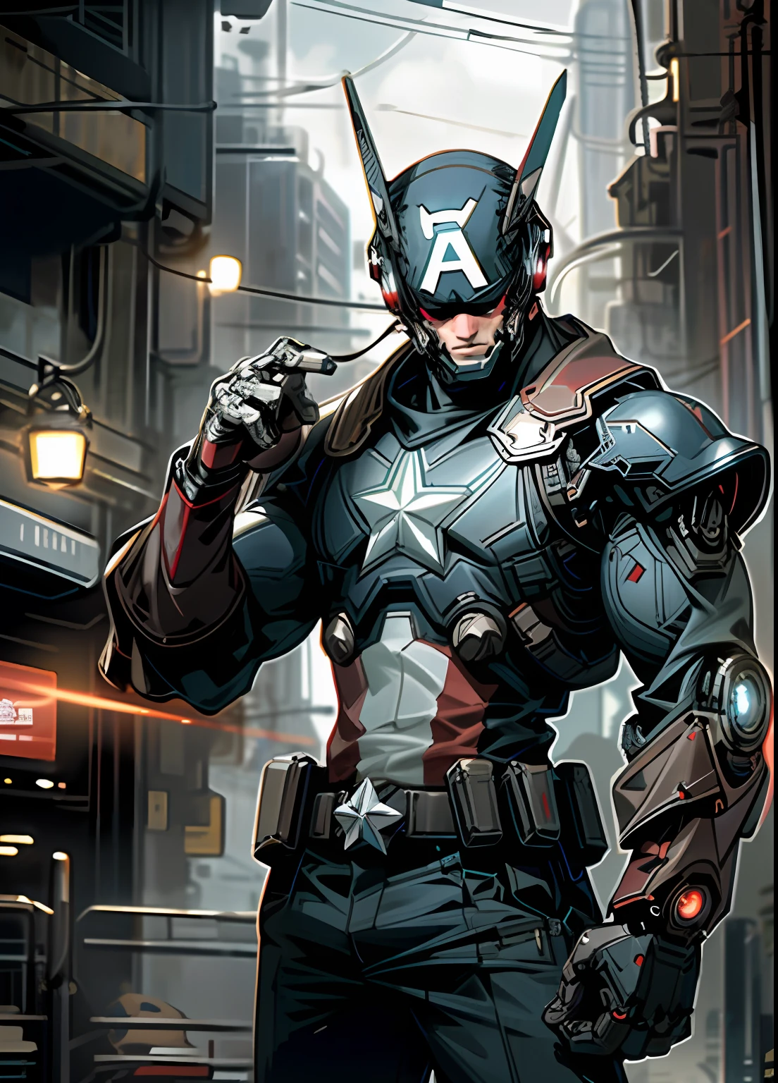 Dark_Fantasy,Cyberpunk, (Best quality, Masterpiece),Captain America,Robotic presence captain america,Cybernetic Captain America guardian,wearing a cybernetic jacket, Laser Beam, city, highest quality digital art, Stunning art, wallpaper 4k, highly detailed, warzone,black and white, highest quality digital art, Stunning art, wallpaper 4k,8k,64k, HD, unparalleled masterpiece, dynamic lighting, cinematic, epic, damaged mechanical parts